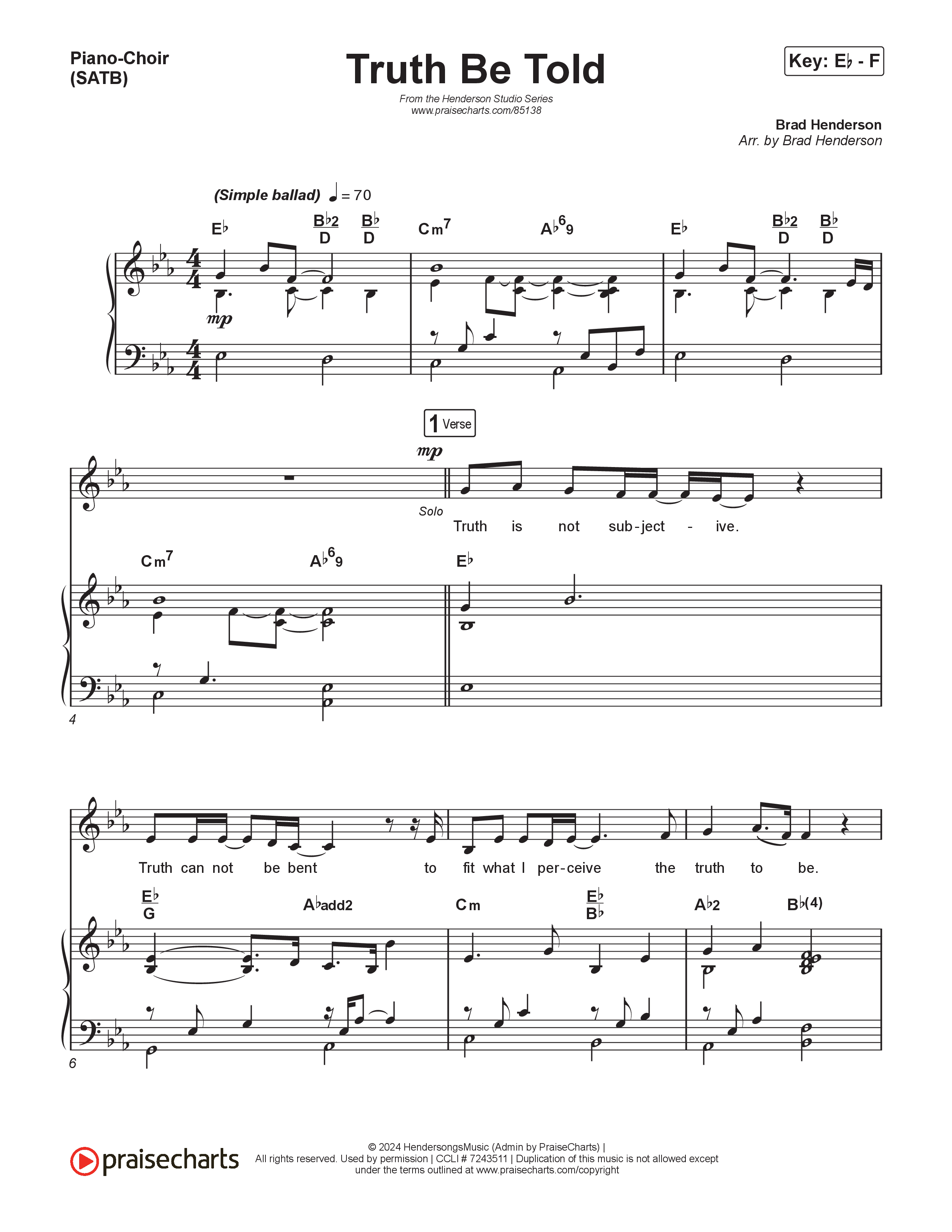 Truth Be Told Piano/Vocal (SATB) (Brad Henderson)