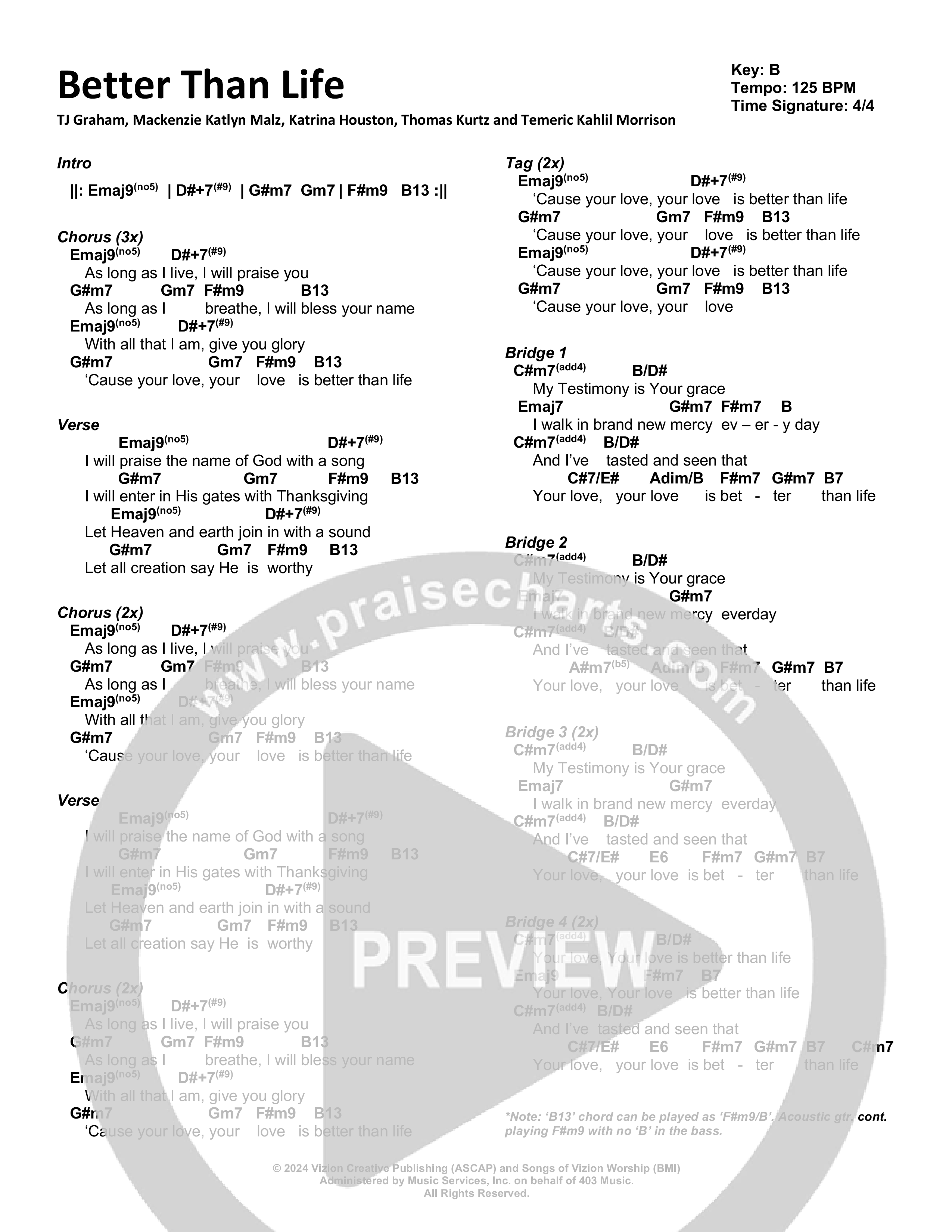 Better Than Life Chord Chart (Vizion Worship)