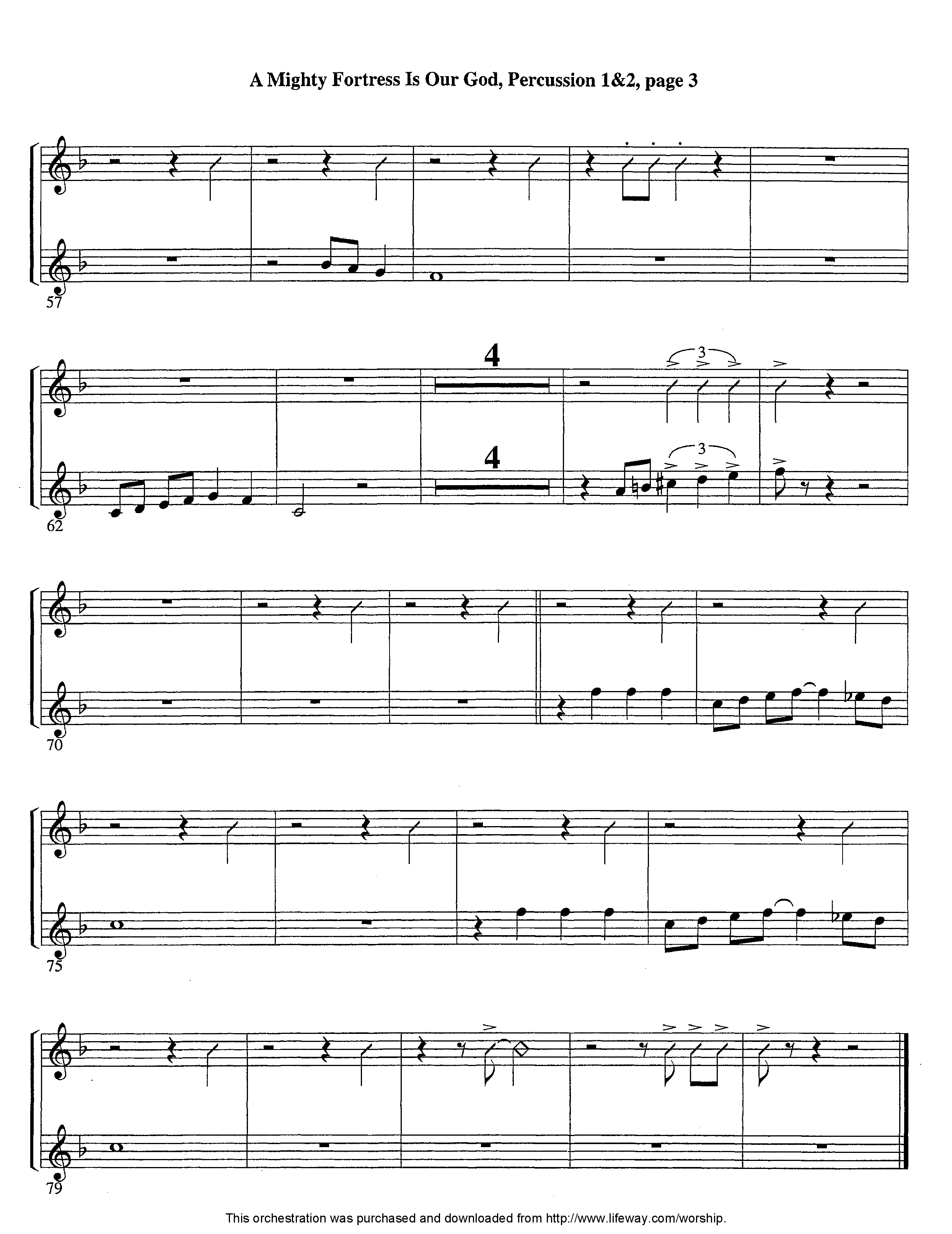 A Mighty Fortress Is Our God (Instrumental) Percussion 1/2 (Lifeway Worship / Arr. Tom Payne / Arr. Jeff Cranfill)