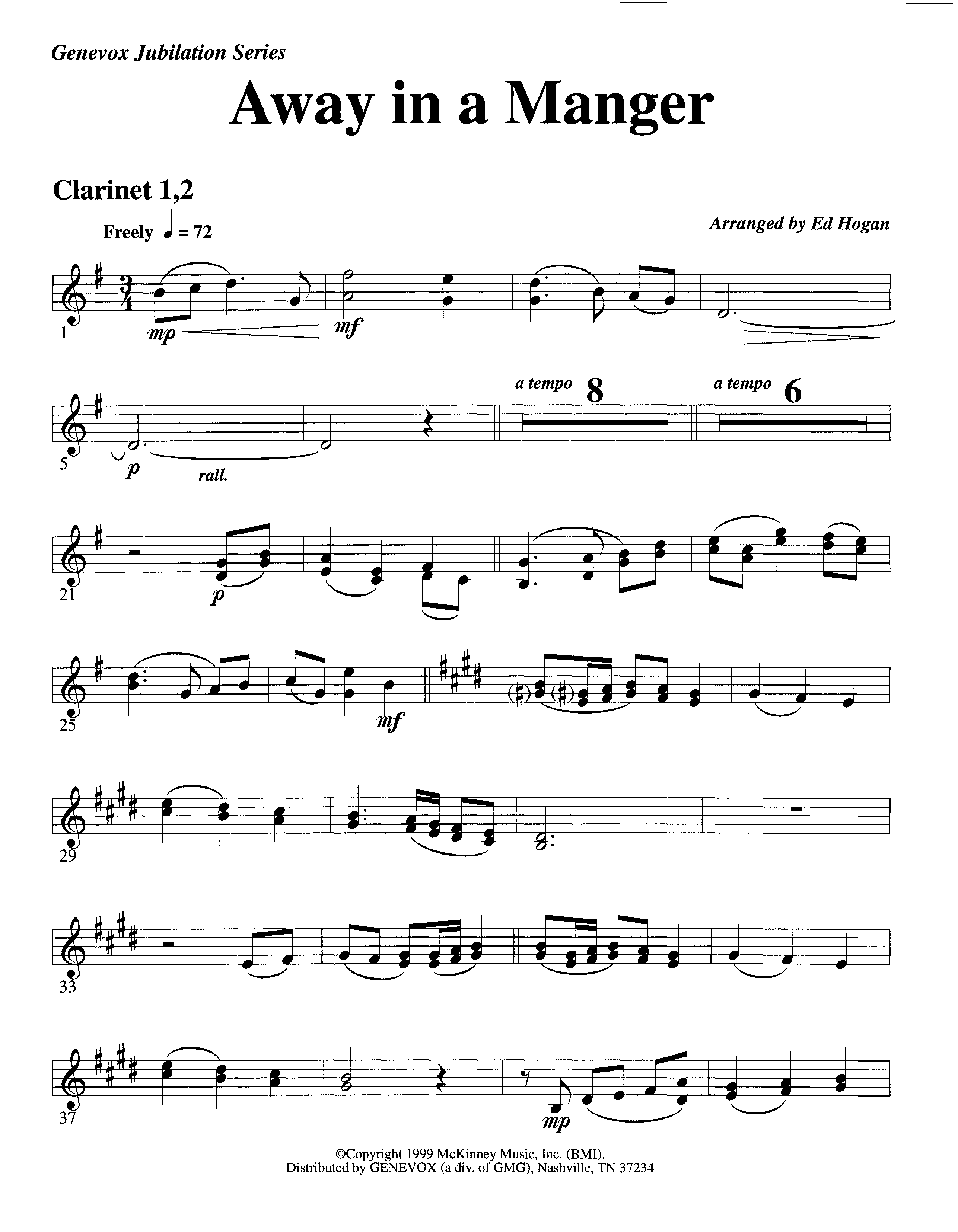 Away In A Manger (Instrumental) Clarinet 1/2 (Lifeway Worship / Arr. Ed Hogan)