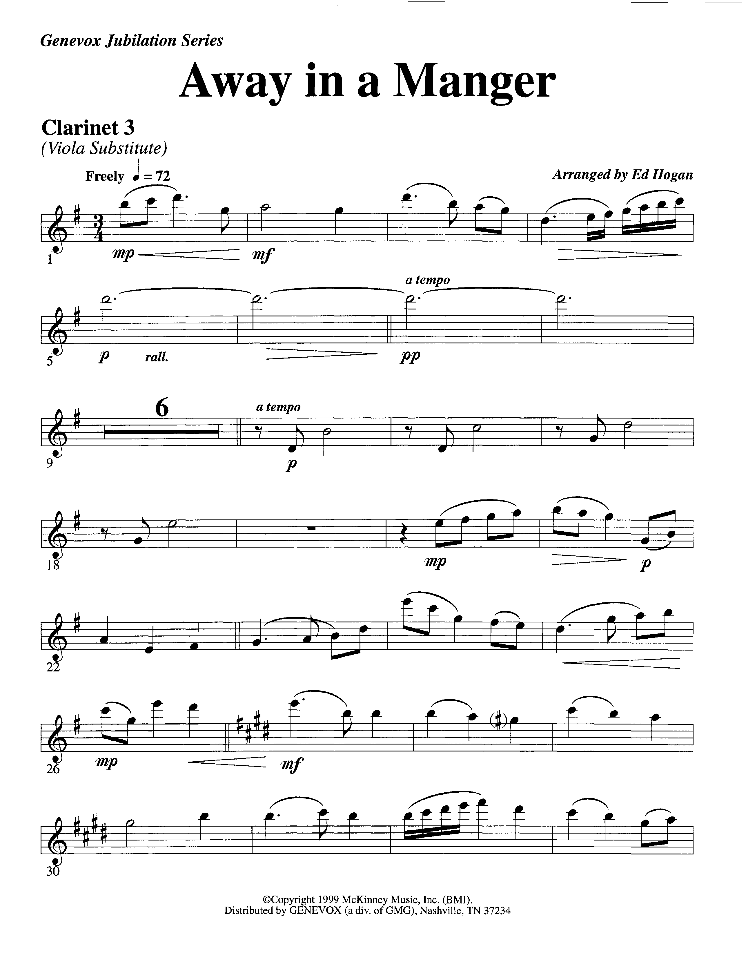 Away In A Manger (Instrumental) Clarinet 3 (Lifeway Worship / Arr. Ed Hogan)