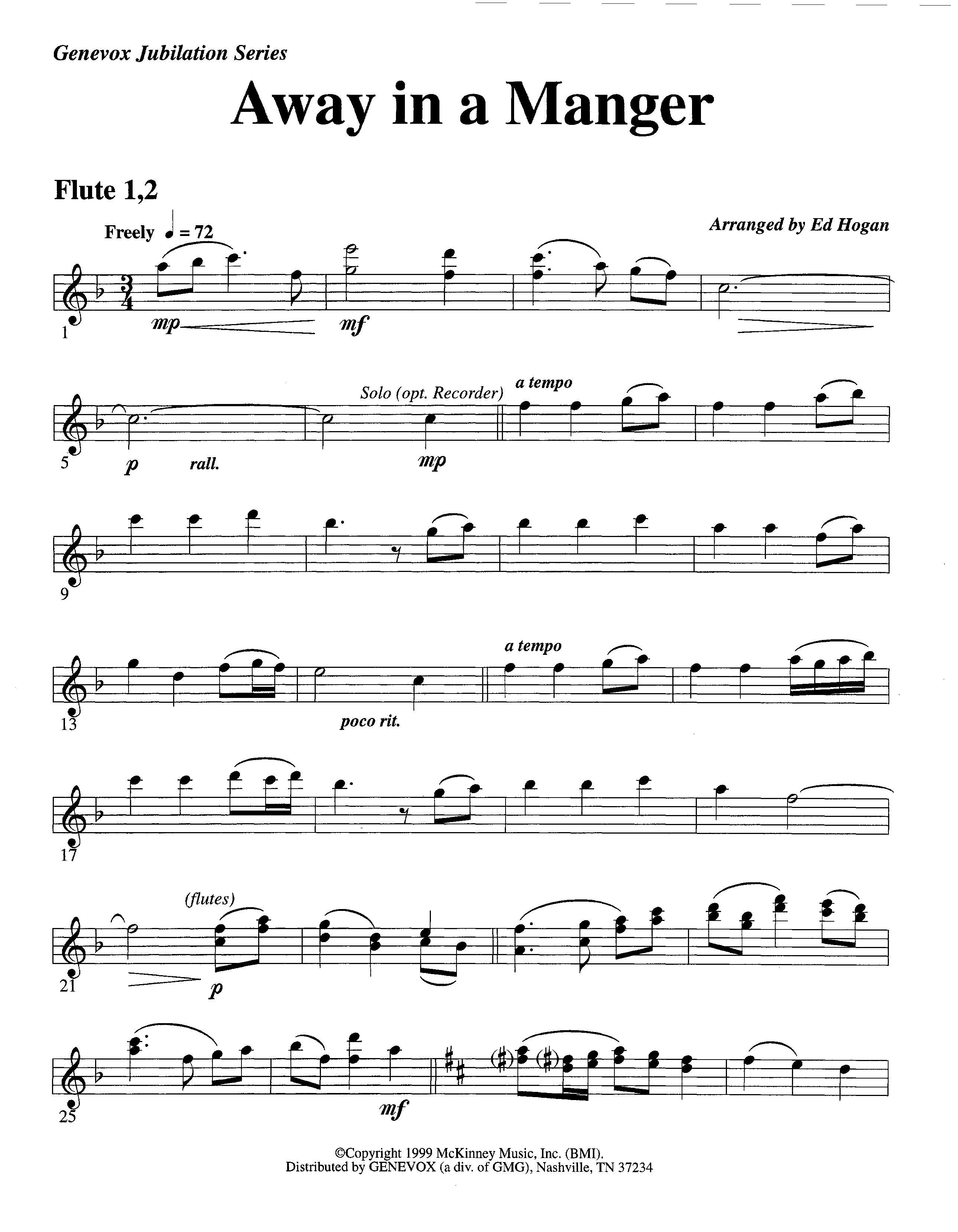 Away In A Manger (Instrumental) Flute 1/2 (Lifeway Worship / Arr. Ed Hogan)