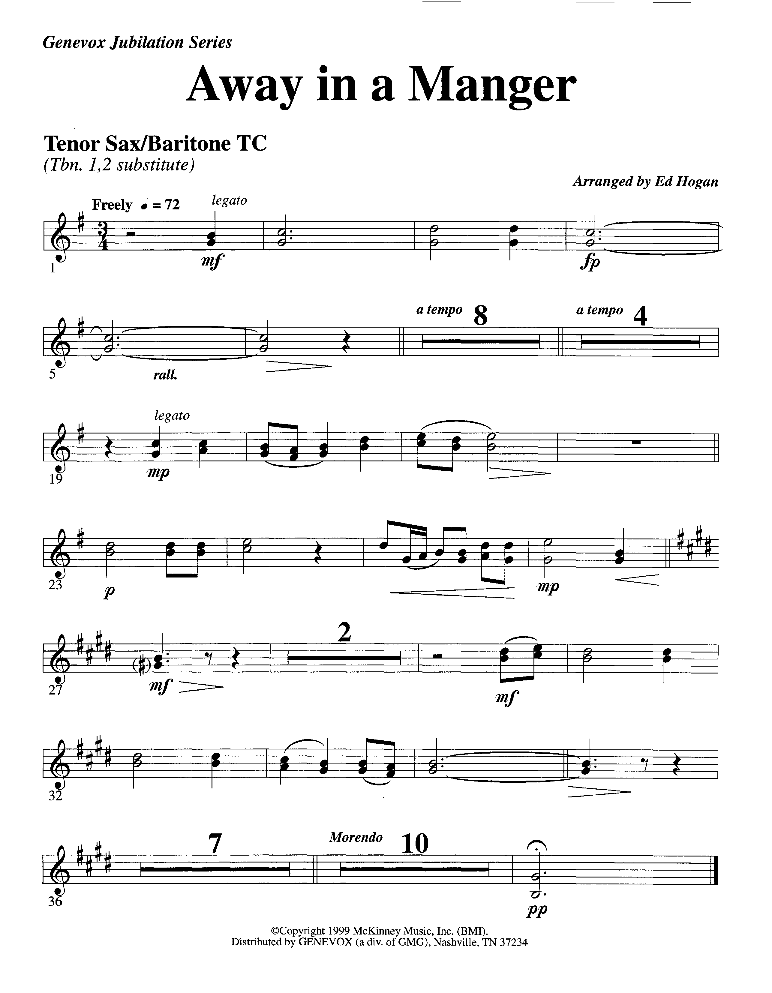 Away In A Manger (Instrumental) Tenor Sax/Baritone T.C. (Lifeway Worship / Arr. Ed Hogan)