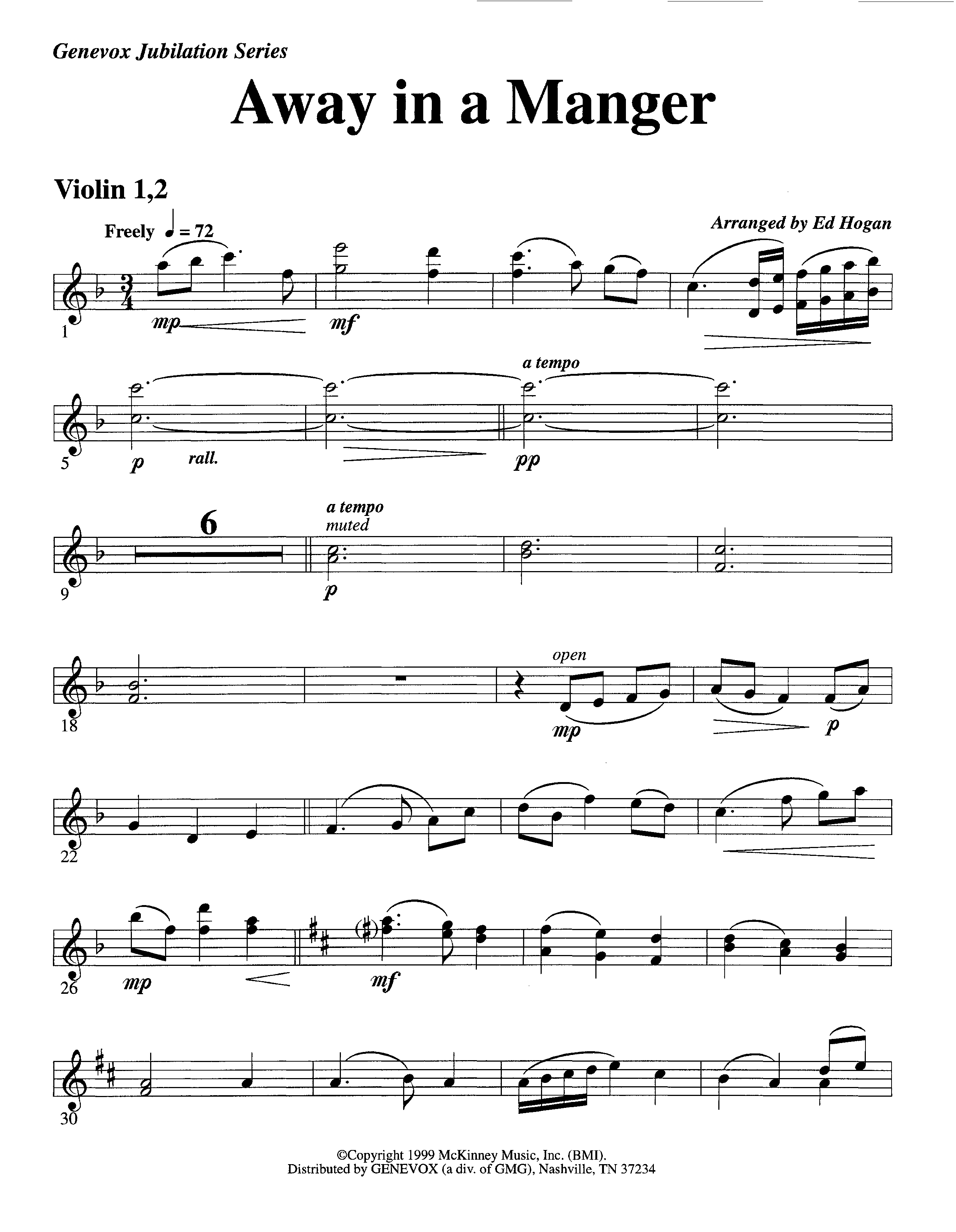 Away In A Manger (Instrumental) Violin 1/2 (Lifeway Worship / Arr. Ed Hogan)