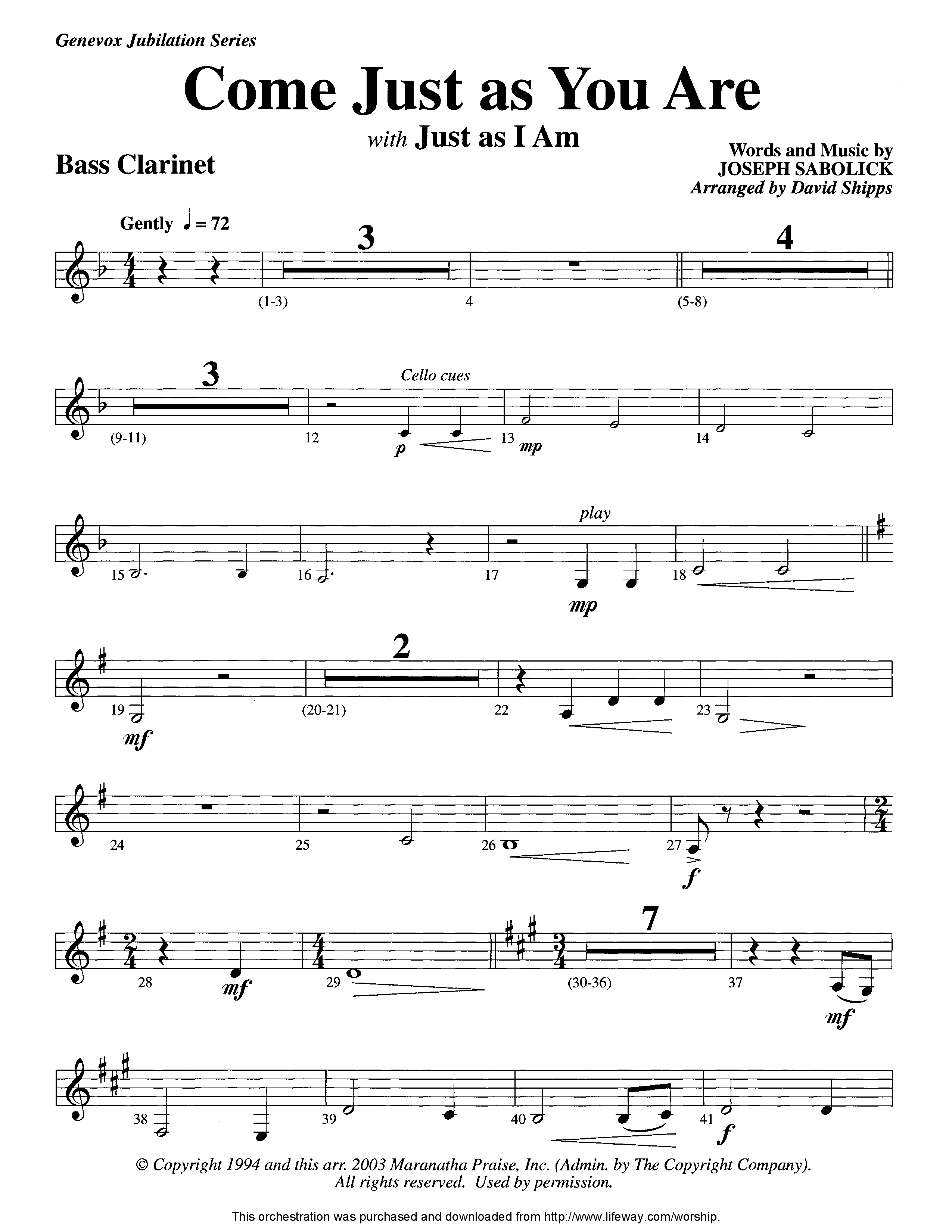 Come Just As You Are (with Just As I Am) (Instrumental) Bass Clarinet (Lifeway Worship / Arr. David Shipps)