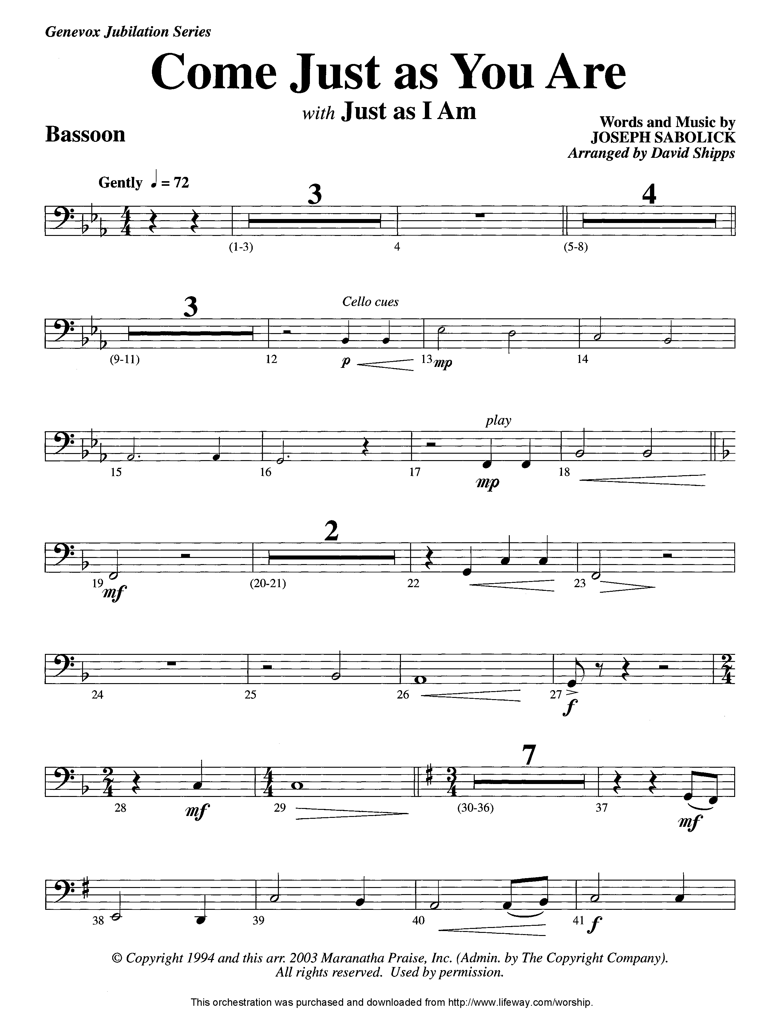 Come Just As You Are (with Just As I Am) (Instrumental) Bassoon (Lifeway Worship / Arr. David Shipps)