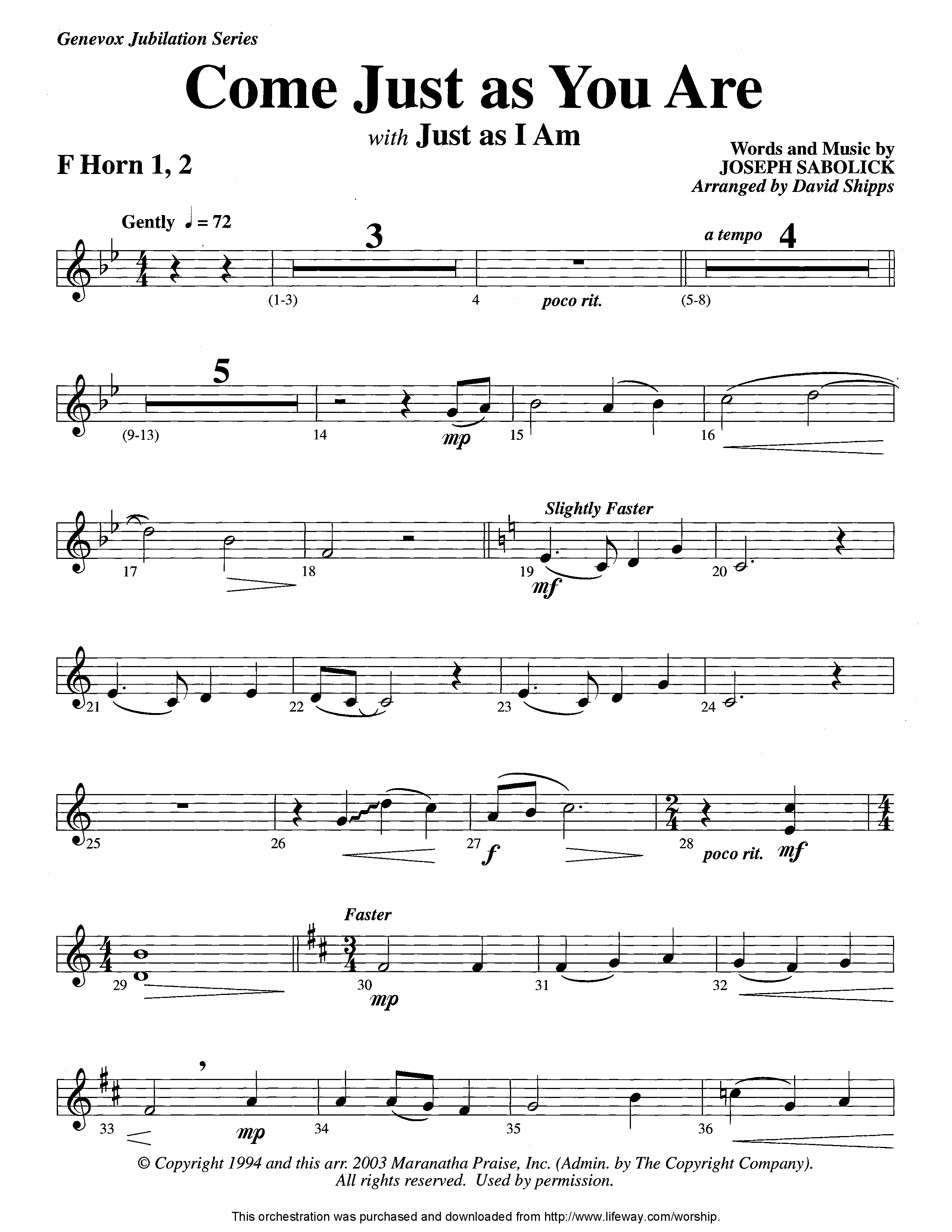Come Just As You Are (with Just As I Am) (Instrumental) French Horn 1/2 (Lifeway Worship / Arr. David Shipps)