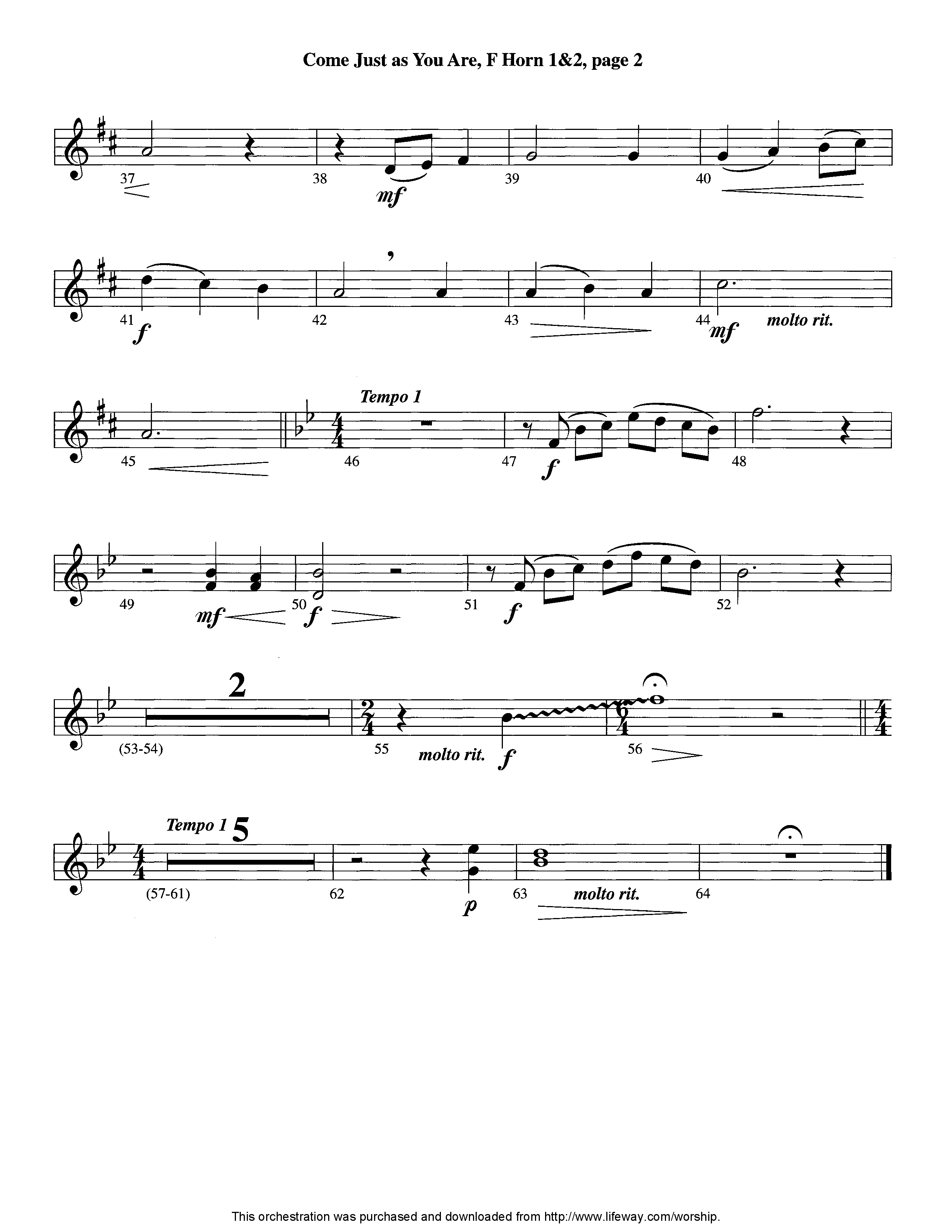 Come Just As You Are (with Just As I Am) (Instrumental) French Horn 1/2 (Lifeway Worship / Arr. David Shipps)