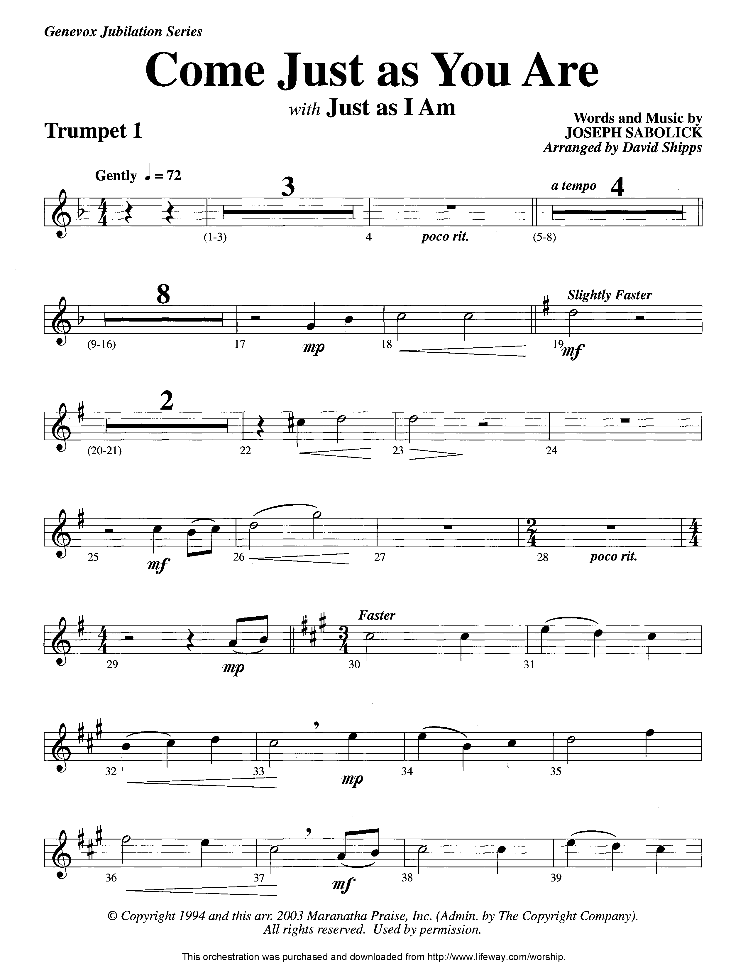 Come Just As You Are (with Just As I Am) (Instrumental) Trumpet 1 (Lifeway Worship / Arr. David Shipps)