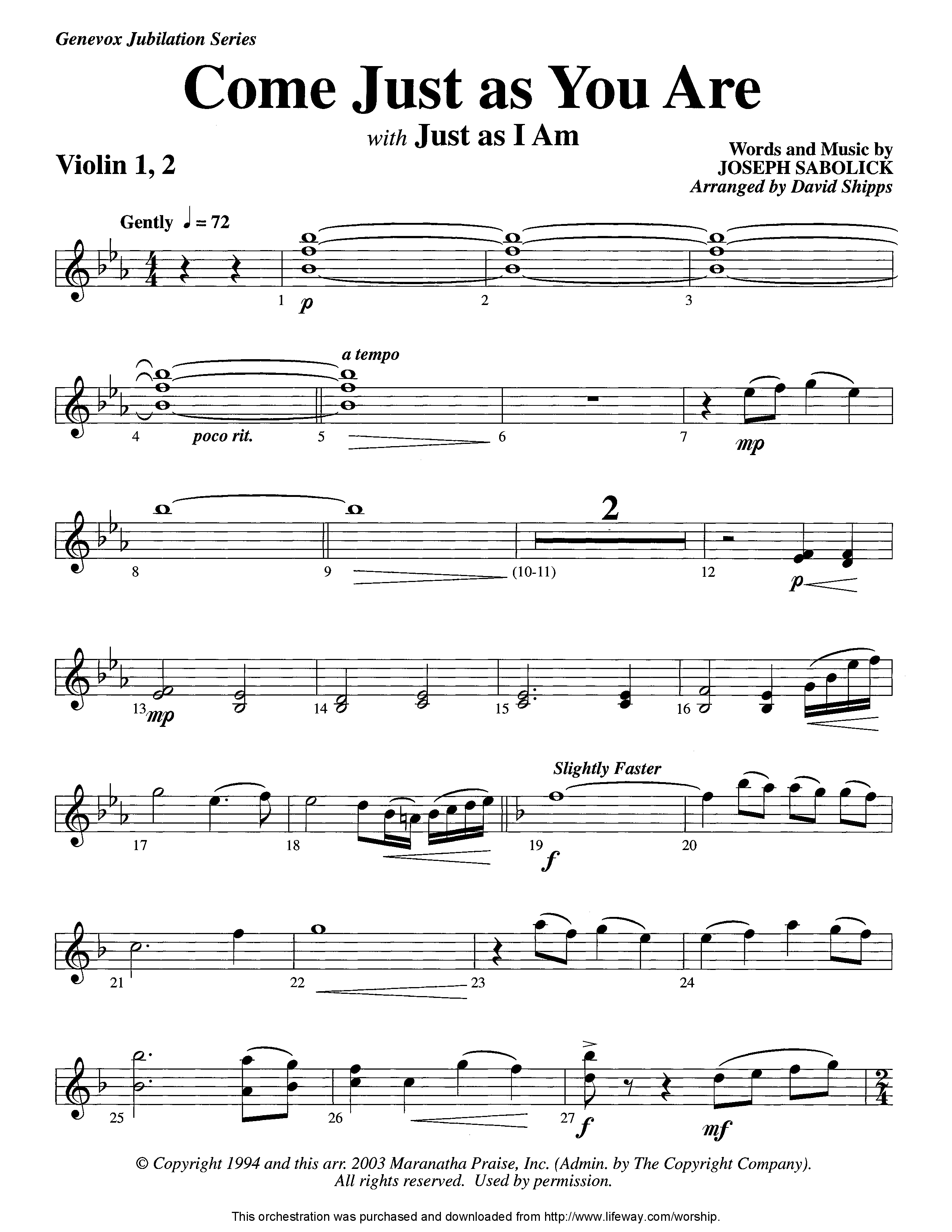 Come Just As You Are (with Just As I Am) (Instrumental) Violin 1/2 (Lifeway Worship / Arr. David Shipps)