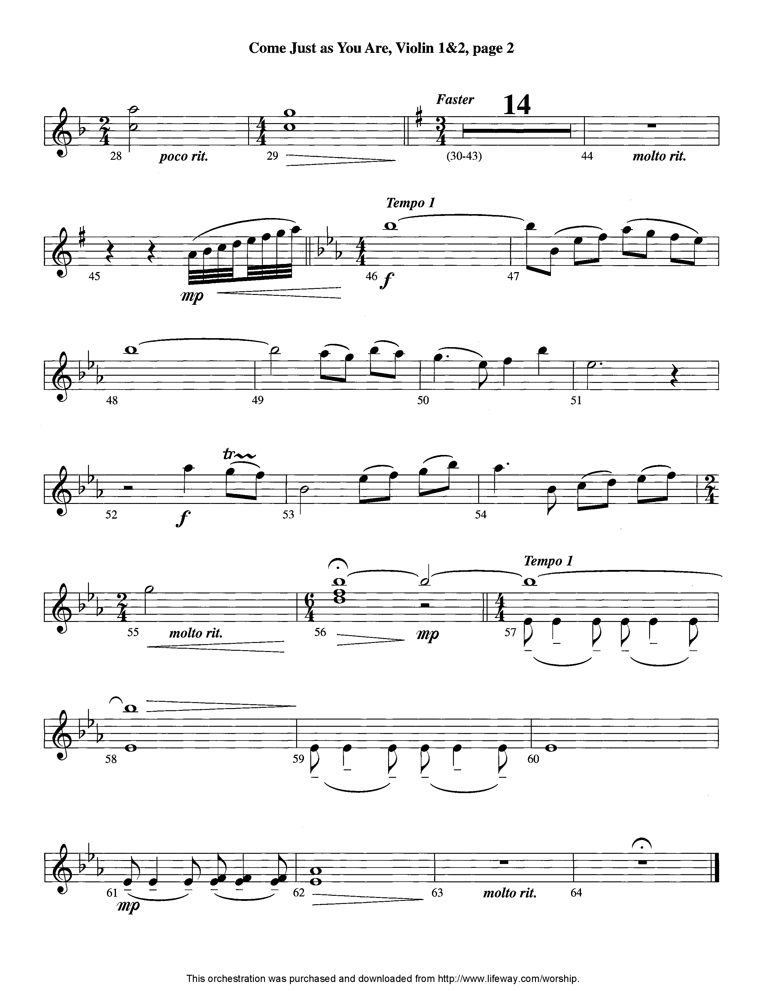 Come Just As You Are (with Just As I Am) (Instrumental) Violin 1/2 (Lifeway Worship / Arr. David Shipps)