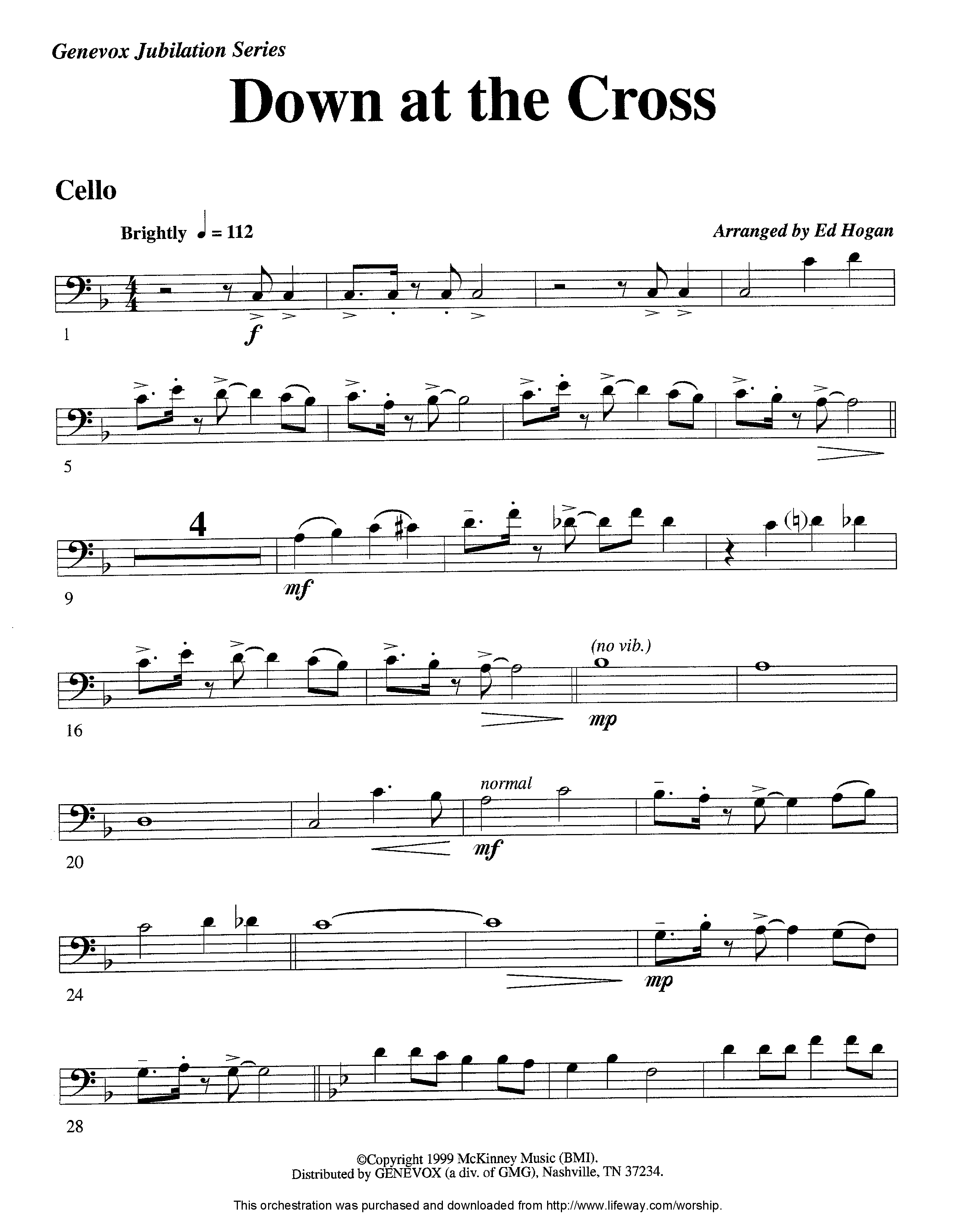 Down At The Cross (Instrumental) Cello (Lifeway Worship / Arr. Ed Hogan)