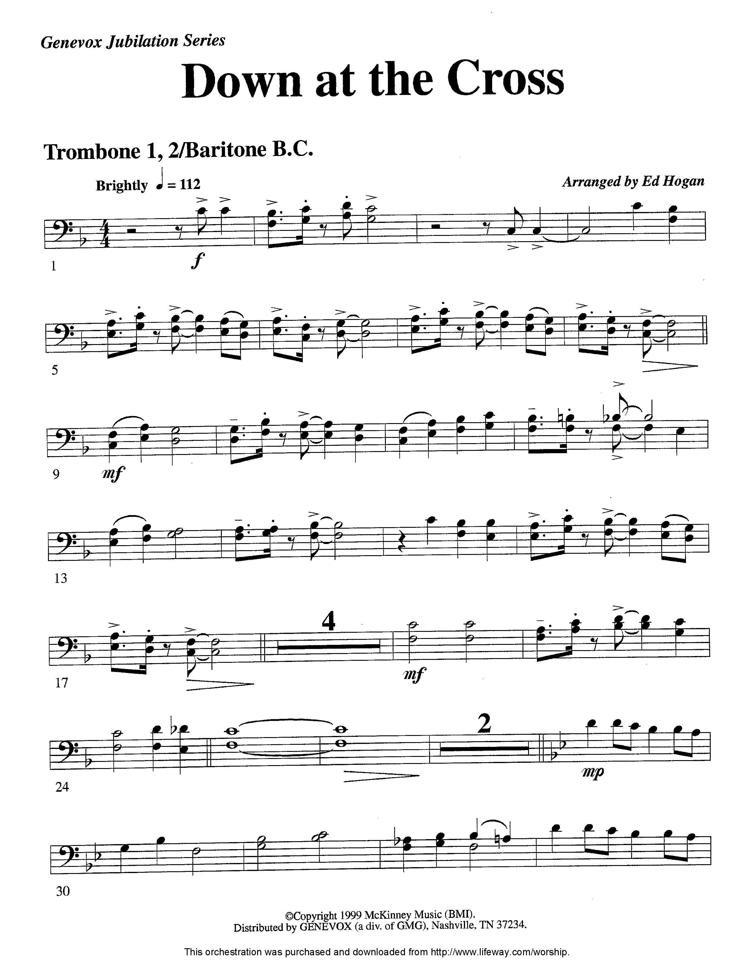 Down At The Cross (Instrumental) Trombone 1/2 (Lifeway Worship / Arr. Ed Hogan)