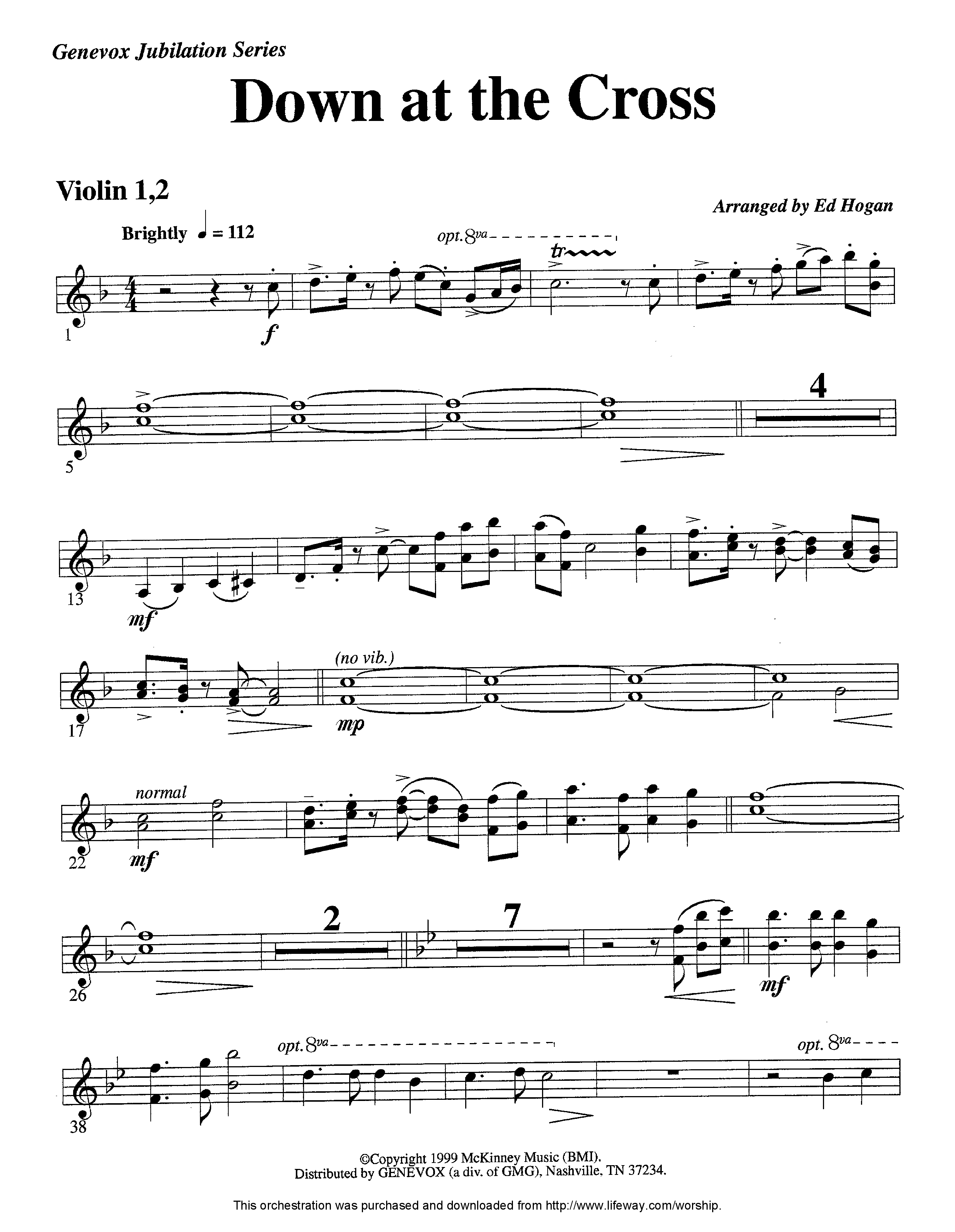 Down At The Cross (Instrumental) Violin 1/2 (Lifeway Worship / Arr. Ed Hogan)