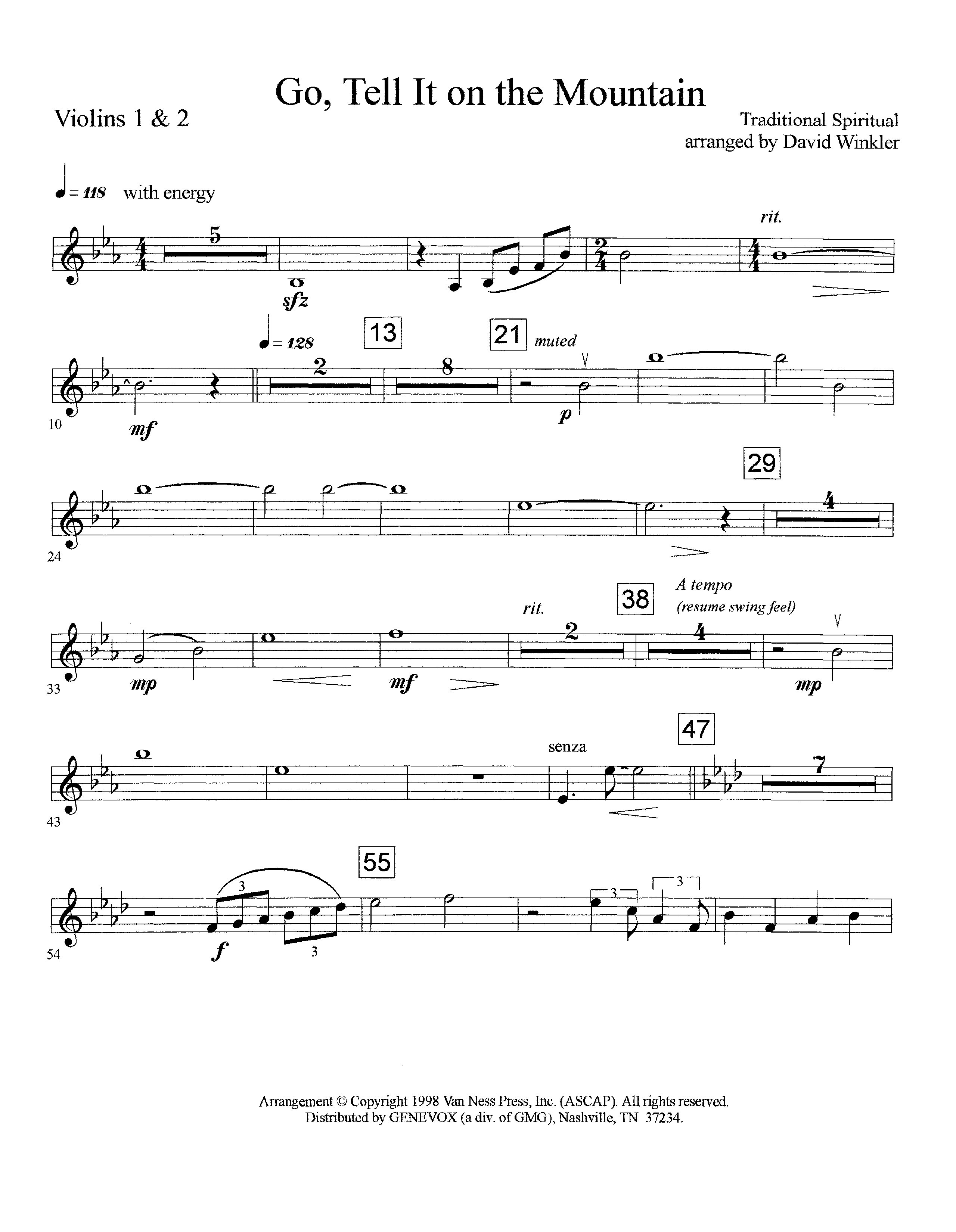 Go Tell It On The Mountain (Instrumental) Violin 1/2 (Lifeway Worship / Arr. David Winkler)