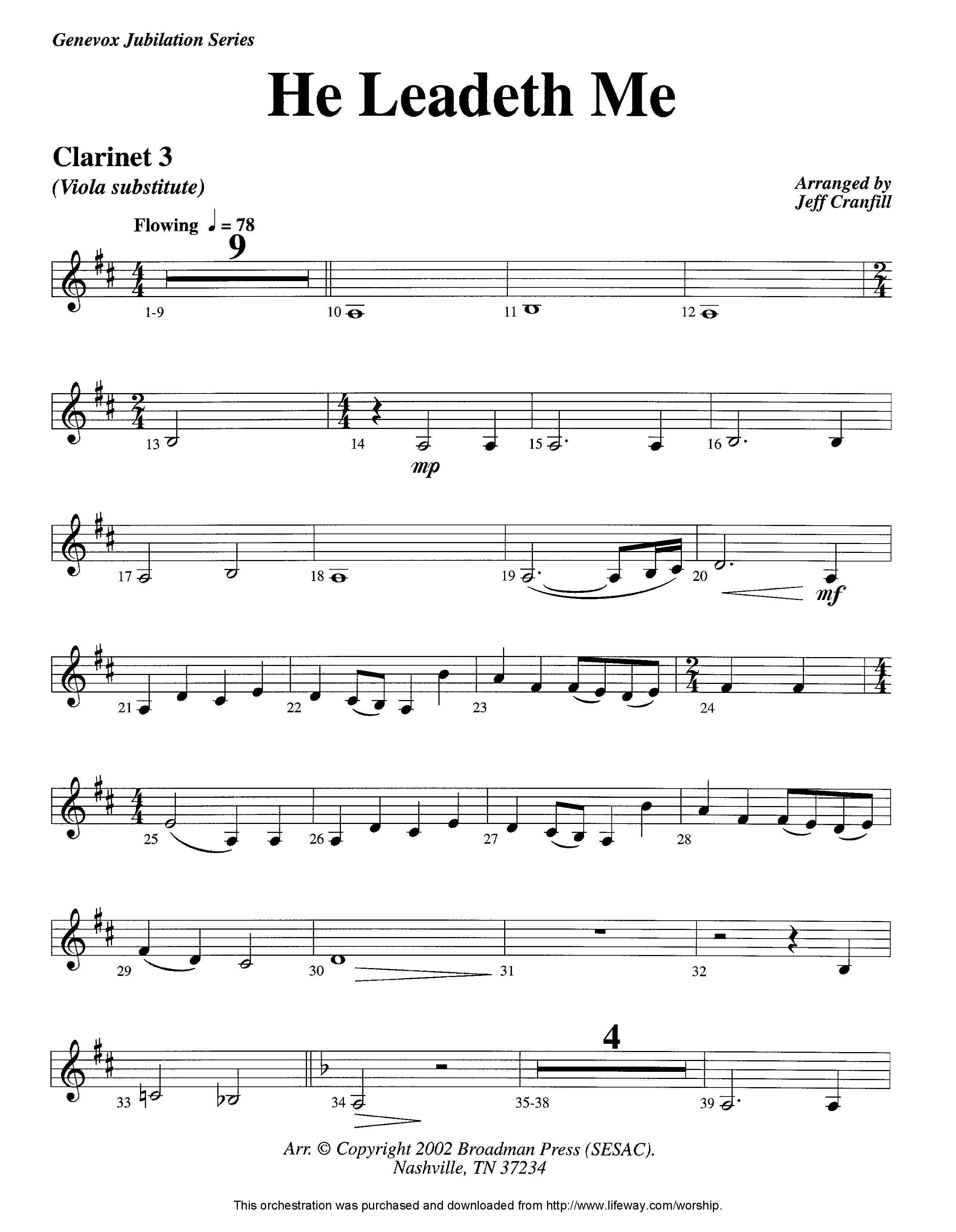 He Leadeth Me (Instrumental) Clarinet 3 (Lifeway Worship / Arr. Jeff Cranfill)