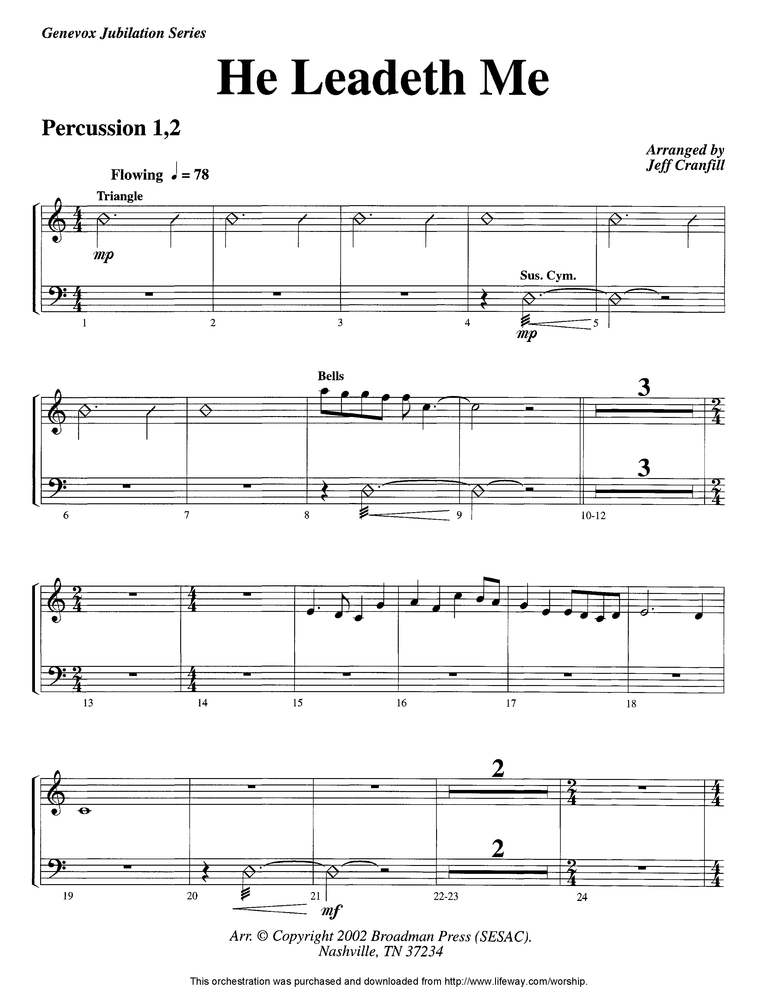 He Leadeth Me (Instrumental) Percussion 1/2 (Lifeway Worship / Arr. Jeff Cranfill)