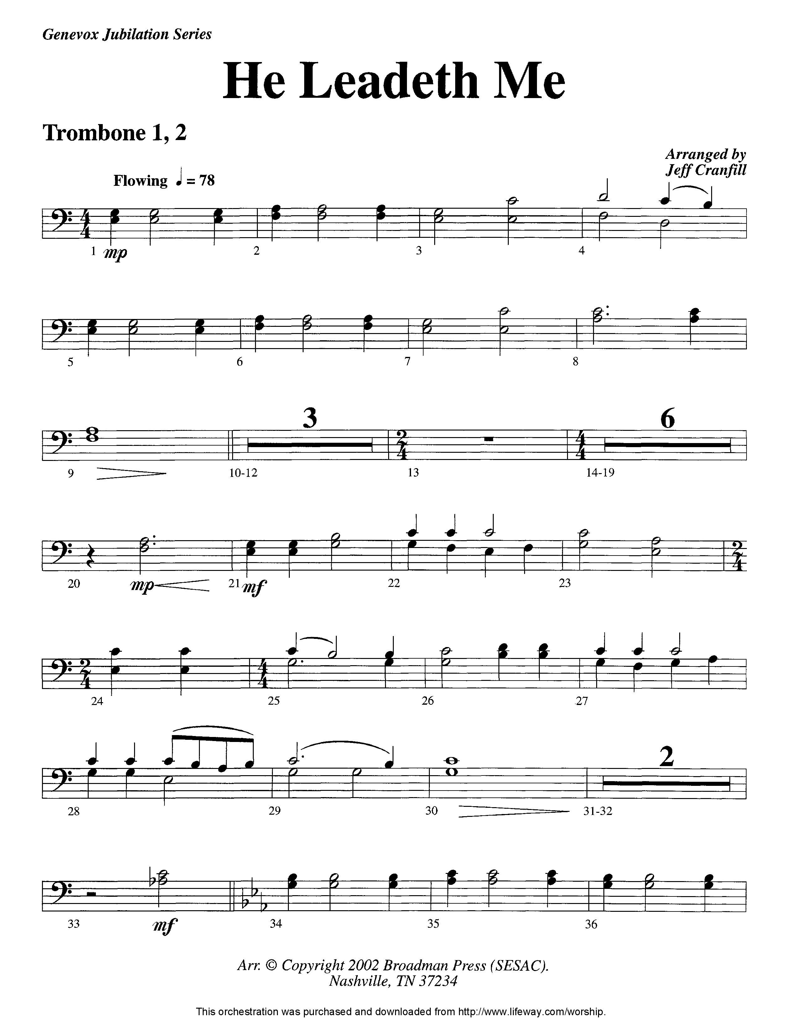 He Leadeth Me (Instrumental) Trombone 1/2 (Lifeway Worship / Arr. Jeff Cranfill)