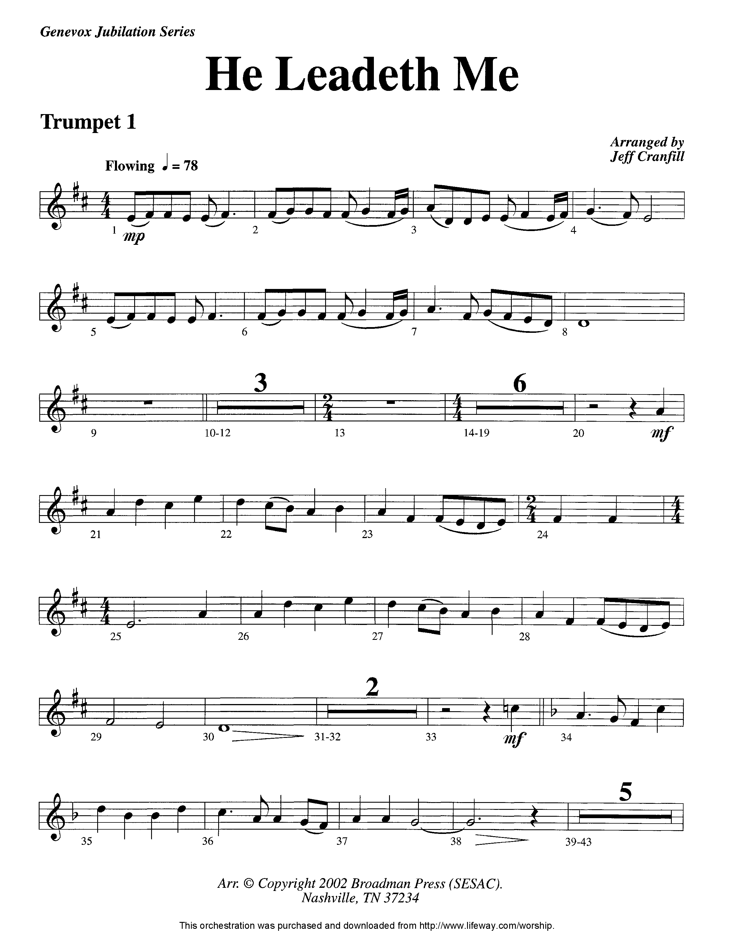 He Leadeth Me (Instrumental) Trumpet 1 (Lifeway Worship / Arr. Jeff Cranfill)
