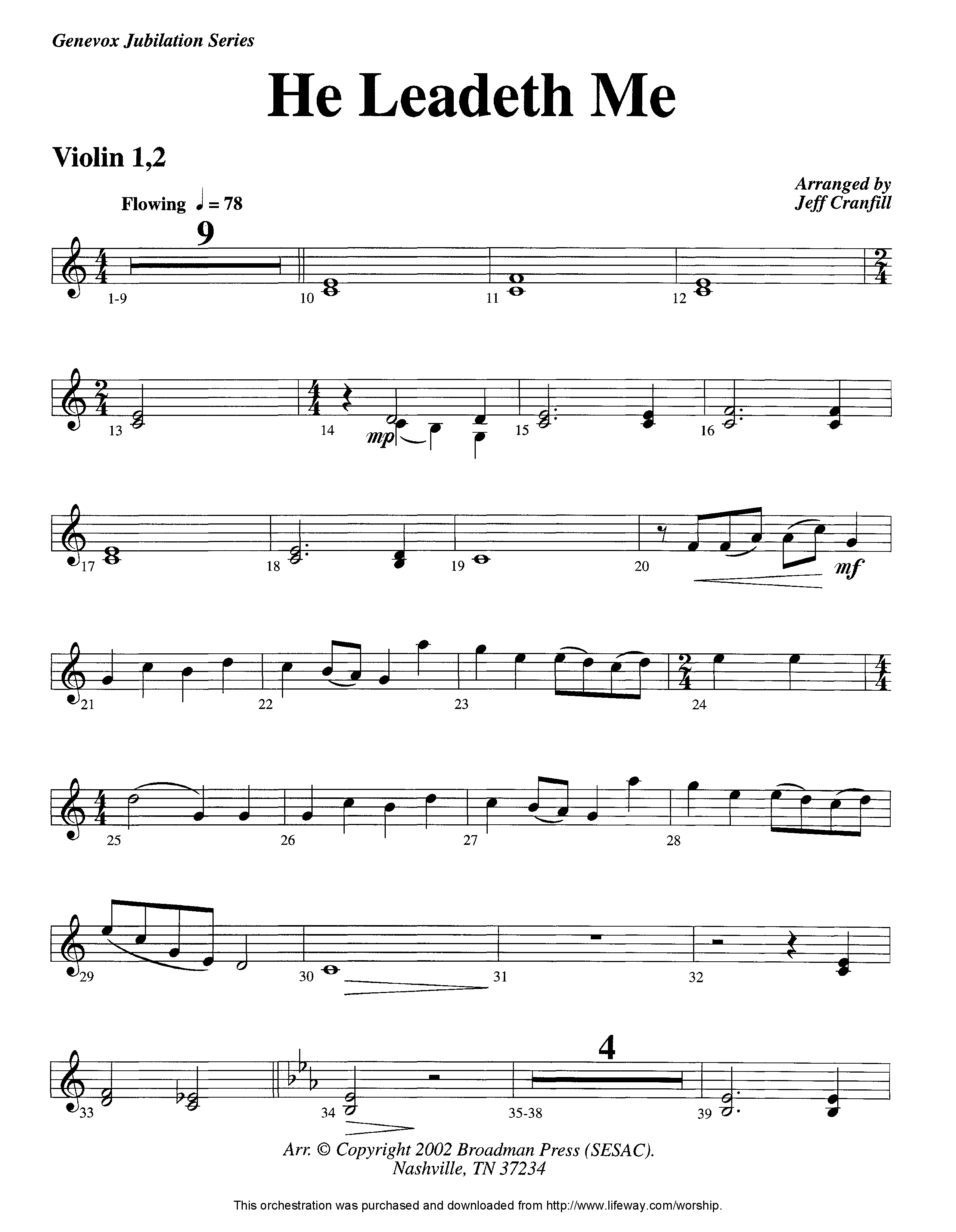 He Leadeth Me (Instrumental) Violin 1/2 (Lifeway Worship / Arr. Jeff Cranfill)