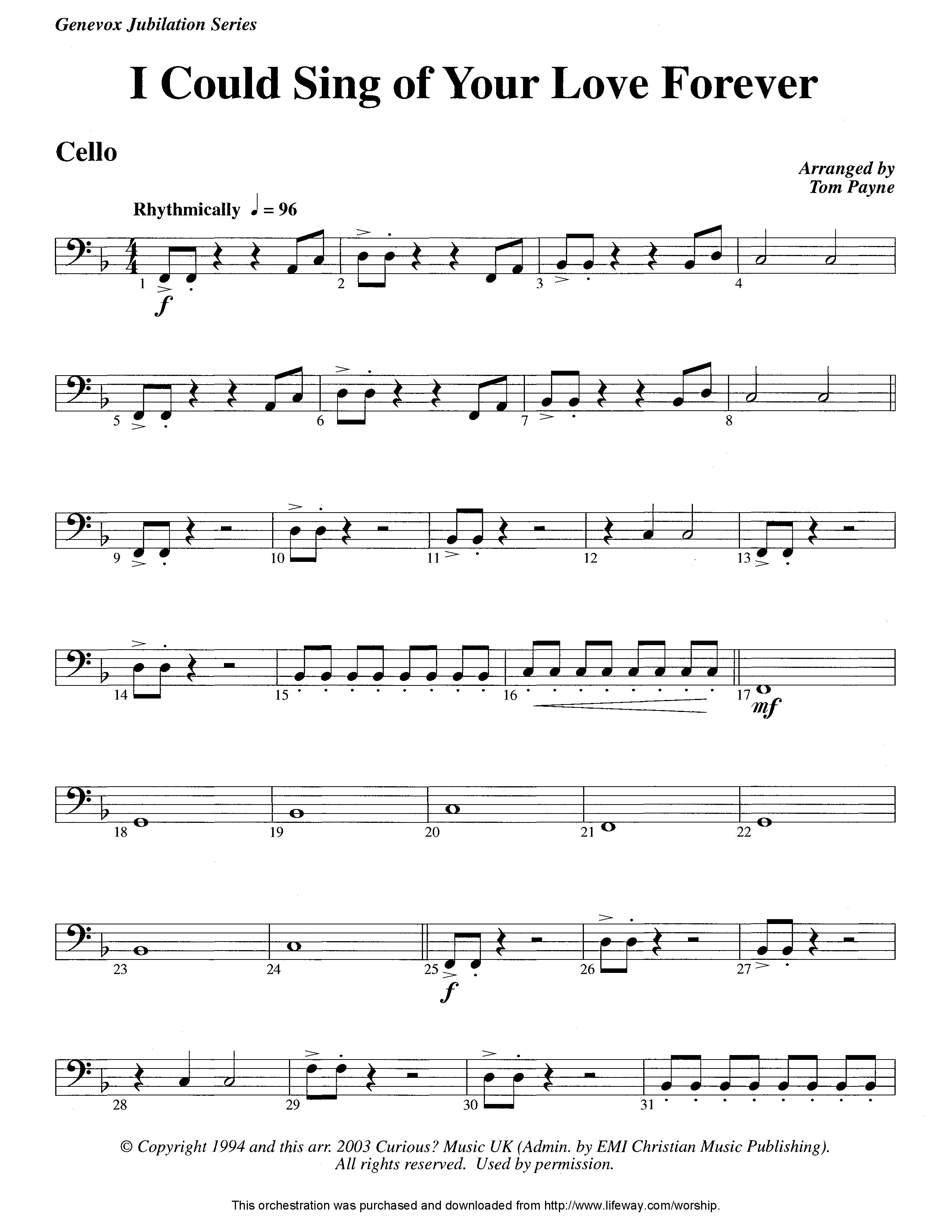 I Could Sing Of Your Love Forever (Instrumental) Cello (Lifeway Worship / Arr. Tom Payne)