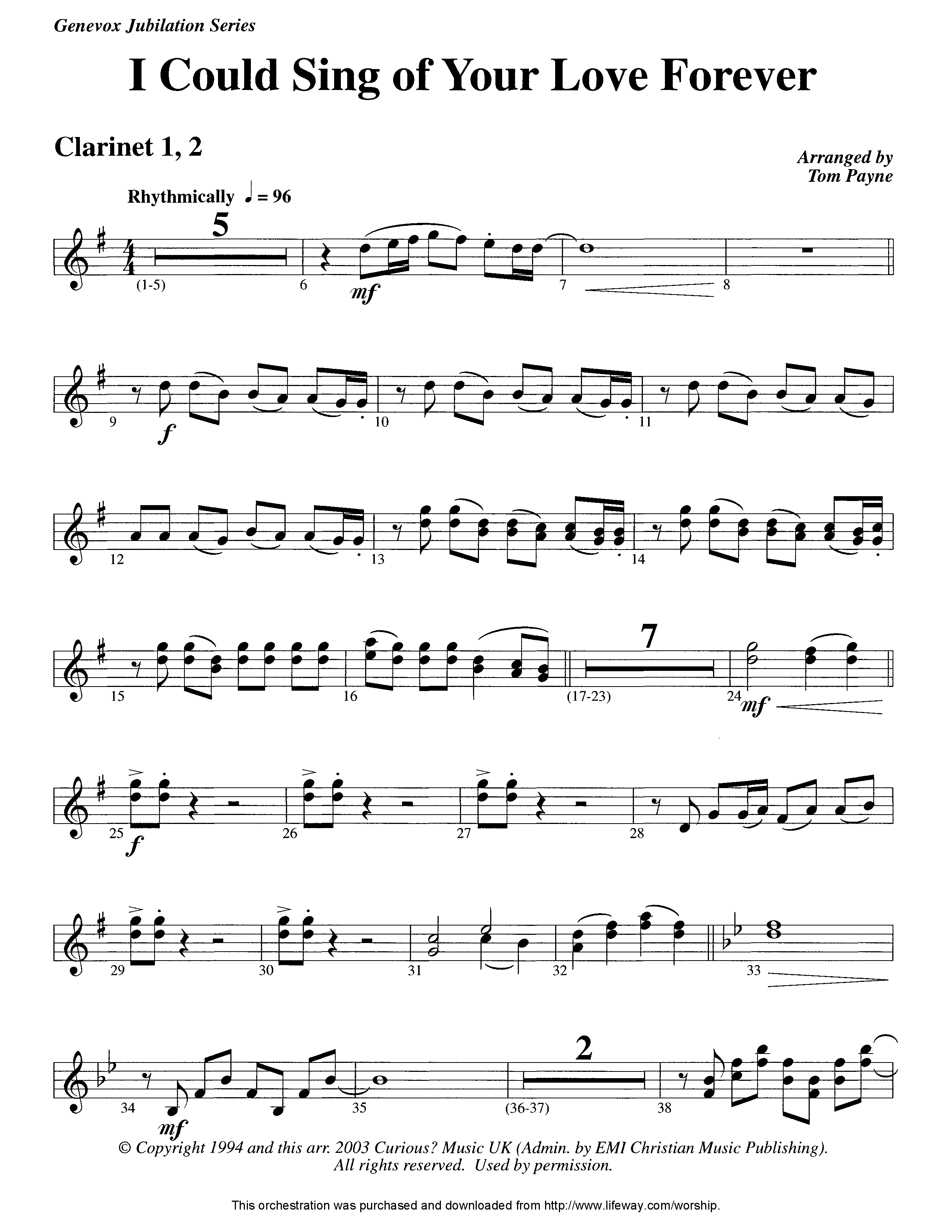 I Could Sing Of Your Love Forever (Instrumental) Clarinet 1/2 (Lifeway Worship / Arr. Tom Payne)