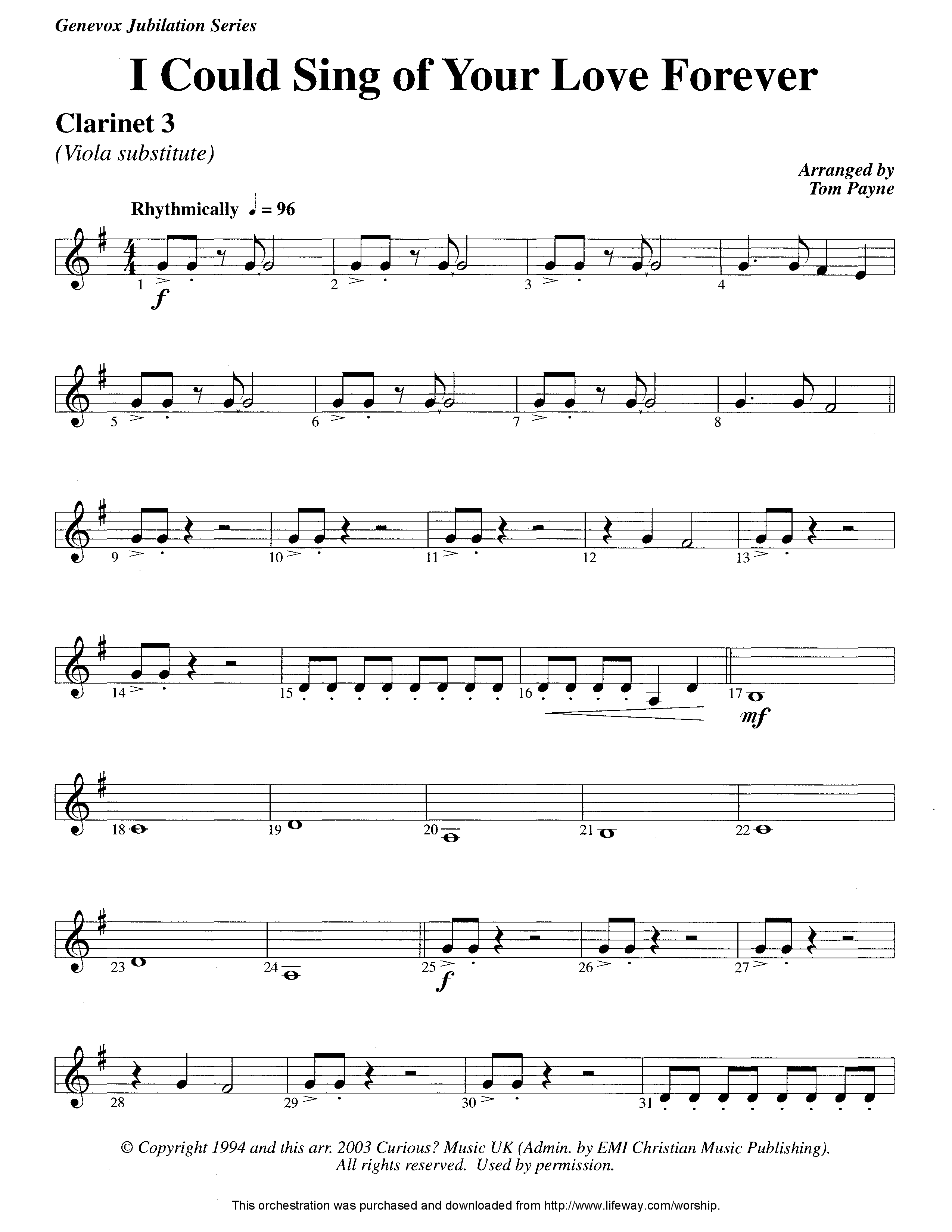 I Could Sing Of Your Love Forever (Instrumental) Clarinet 3 (Lifeway Worship / Arr. Tom Payne)