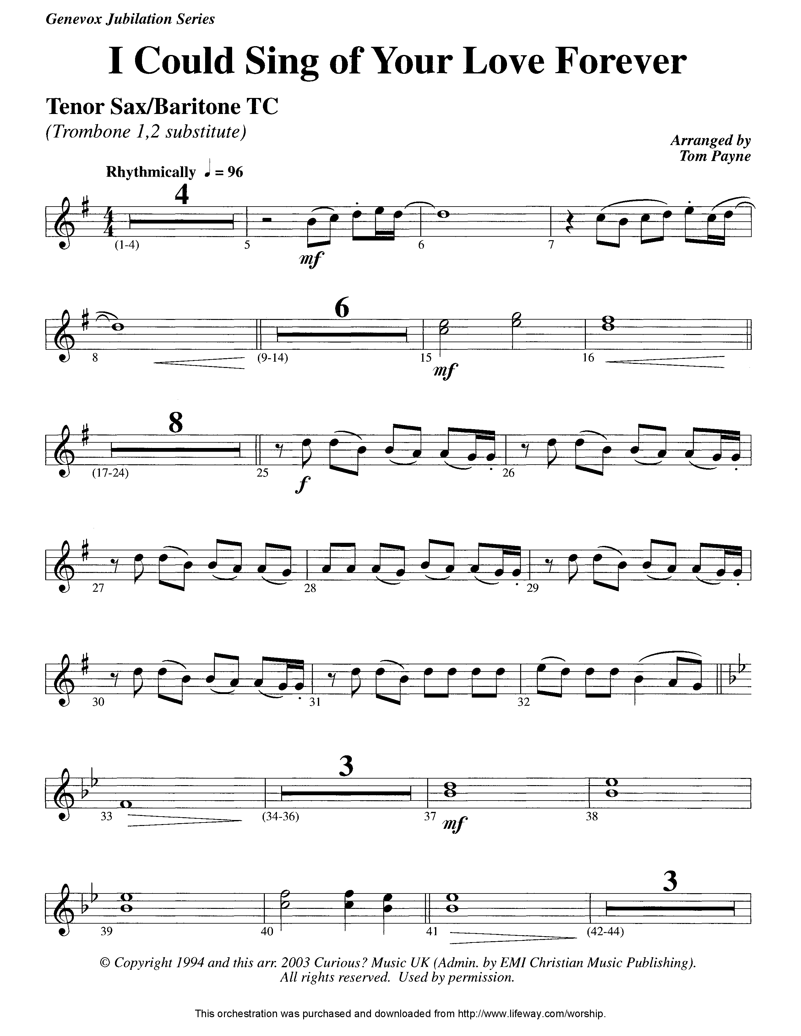 I Could Sing Of Your Love Forever (Instrumental) Tenor Sax/Baritone T.C. (Lifeway Worship / Arr. Tom Payne)