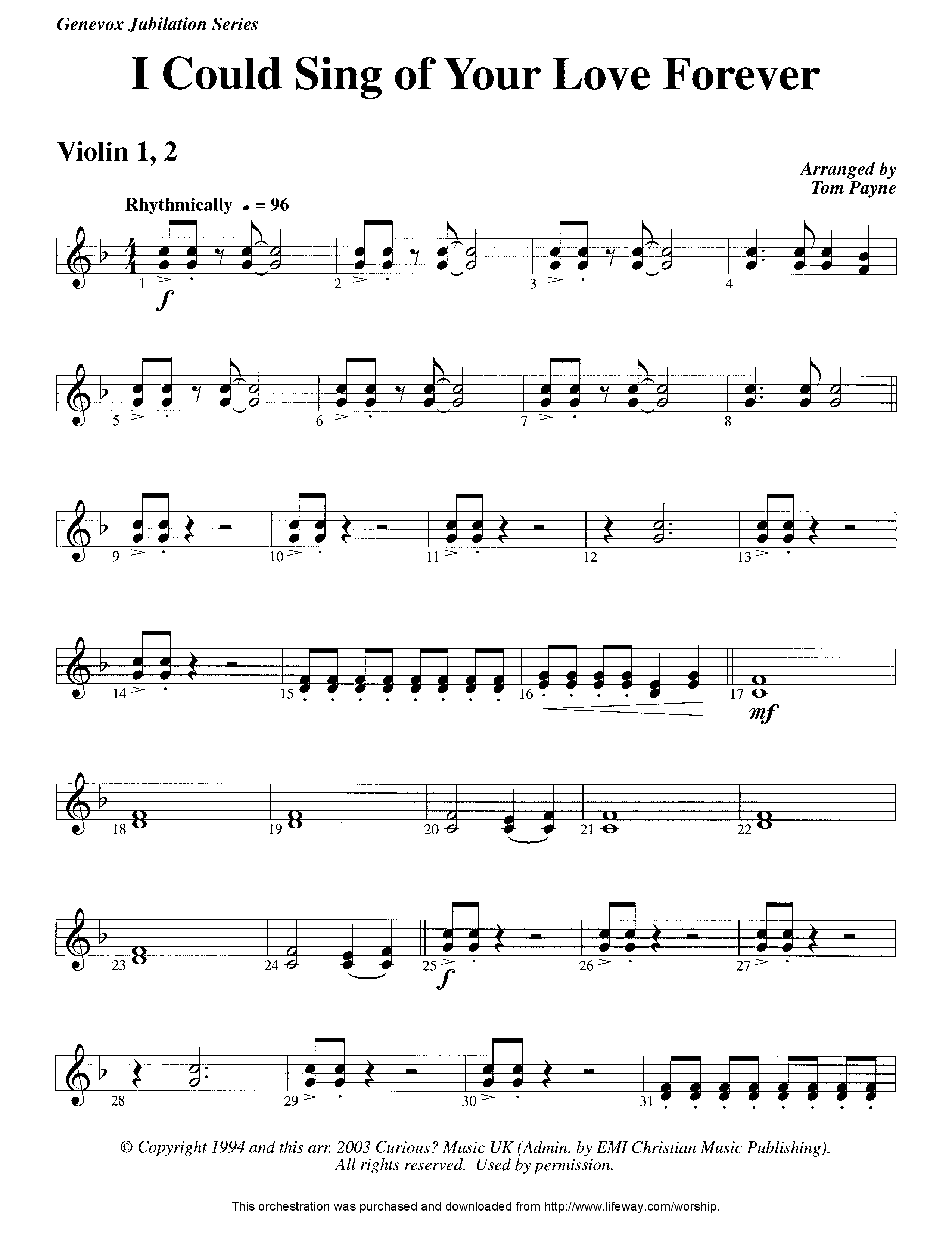 I Could Sing Of Your Love Forever (Instrumental) Violin 1/2 (Lifeway Worship / Arr. Tom Payne)