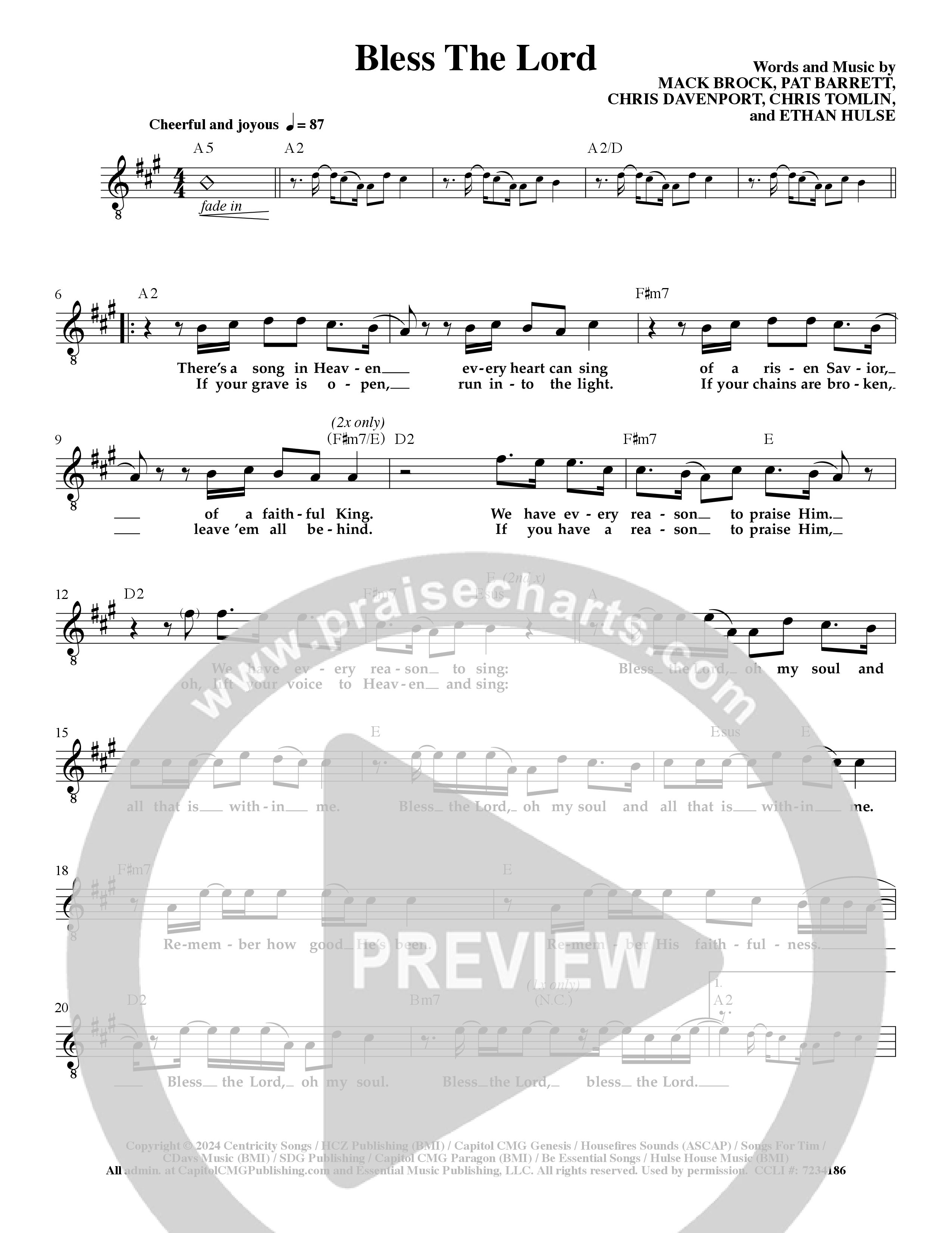 Bless The Lord Lead Sheet Melody (Mack Brock)