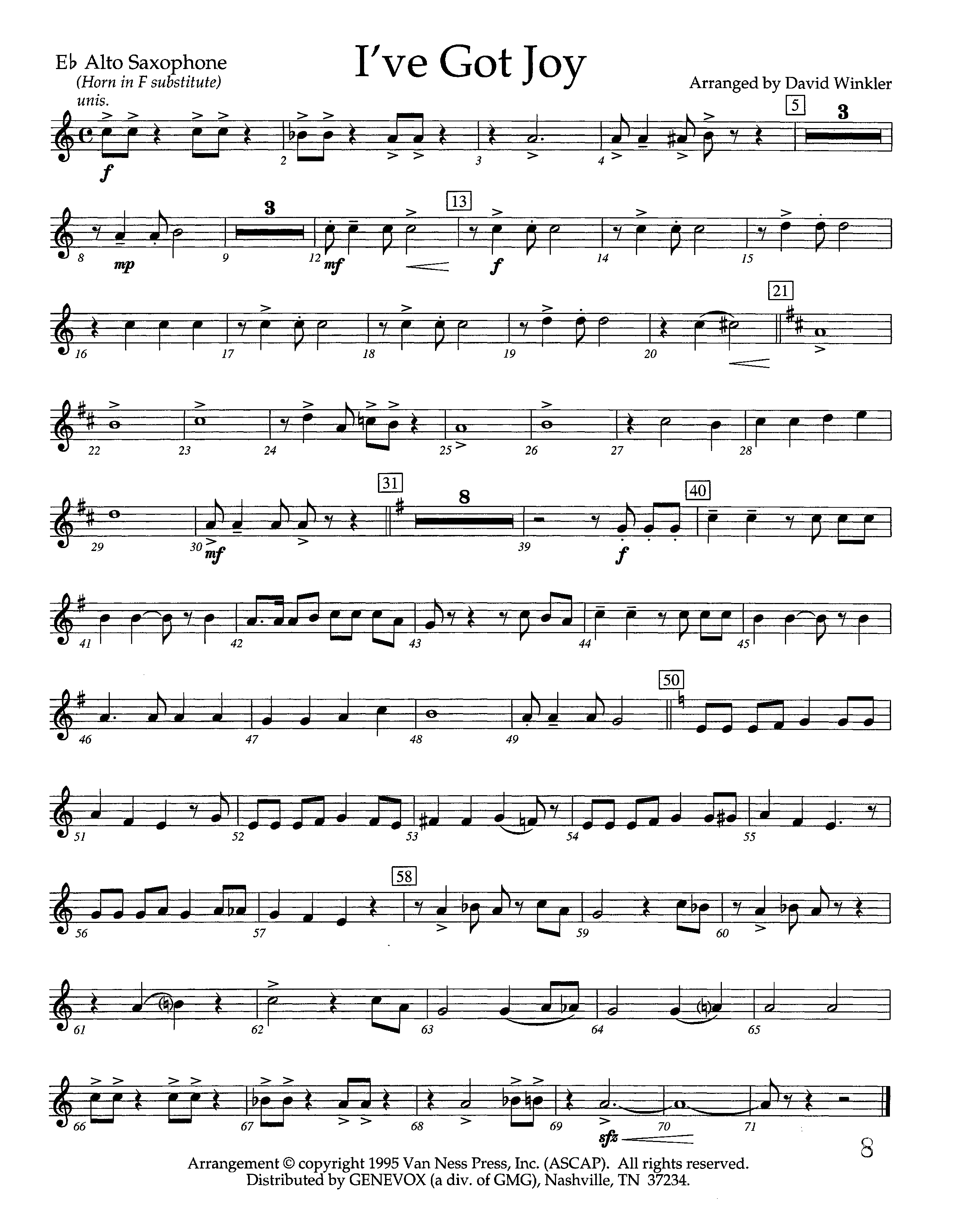 I've Got Joy (Instrumental) Alto Sax (Lifeway Worship / Arr. David Winkler)