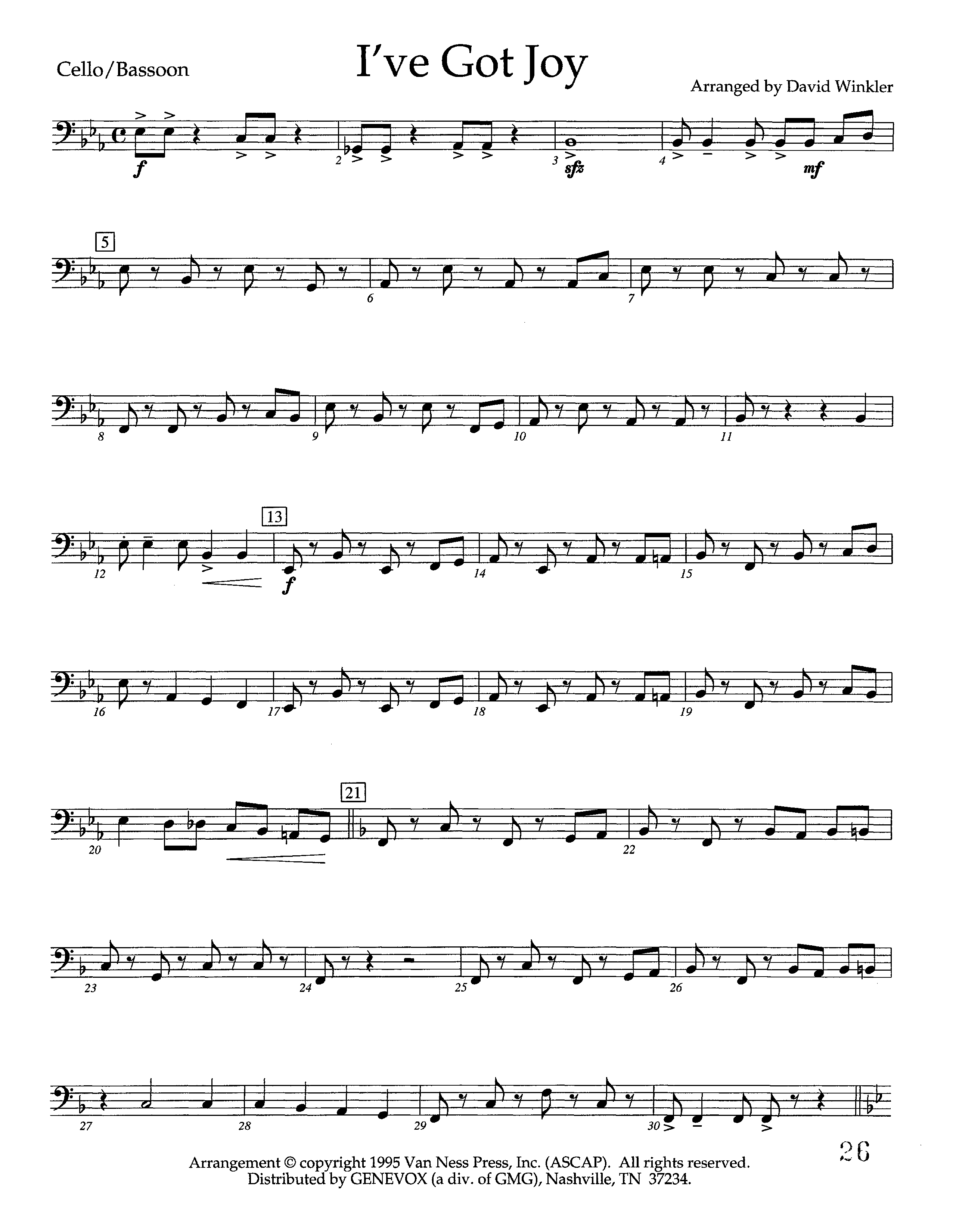 I've Got Joy (Instrumental) Cello (Lifeway Worship / Arr. David Winkler)