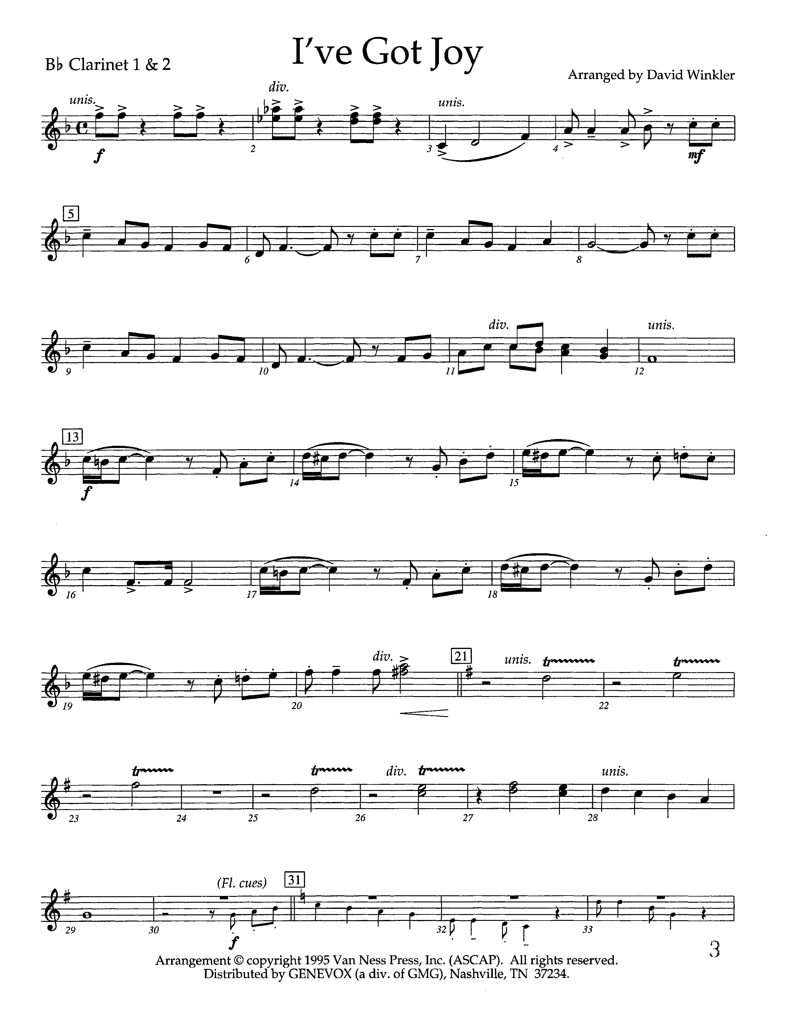 I've Got Joy (Instrumental) Clarinet 1/2 (Lifeway Worship / Arr. David Winkler)