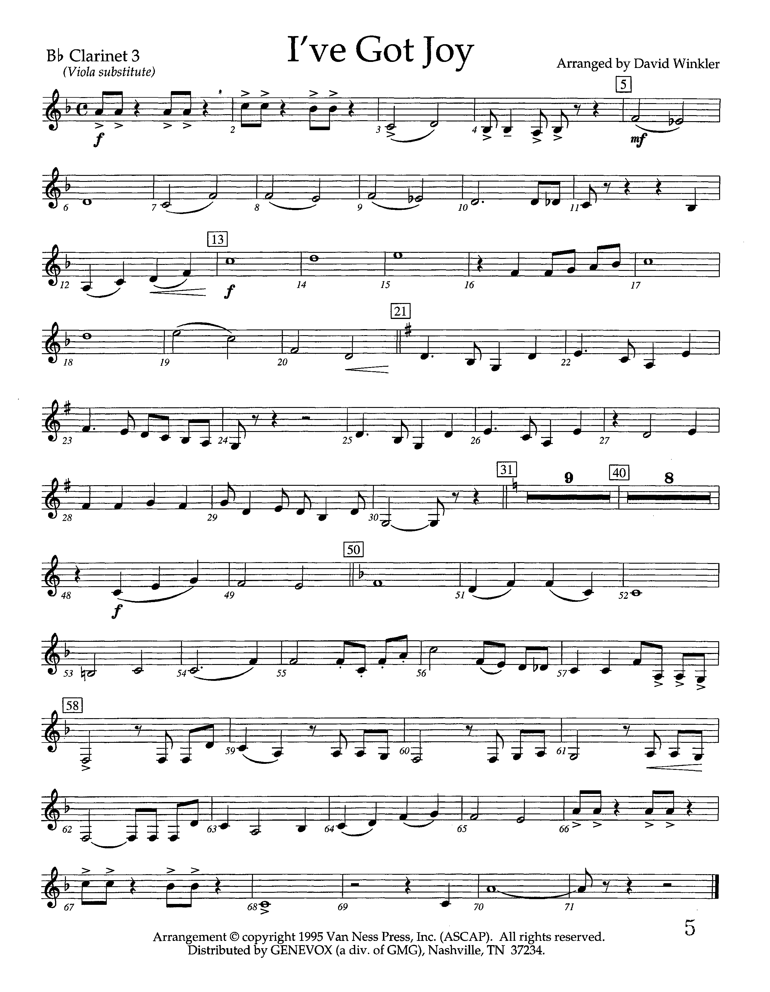 I've Got Joy (Instrumental) Clarinet 3 (Lifeway Worship / Arr. David Winkler)