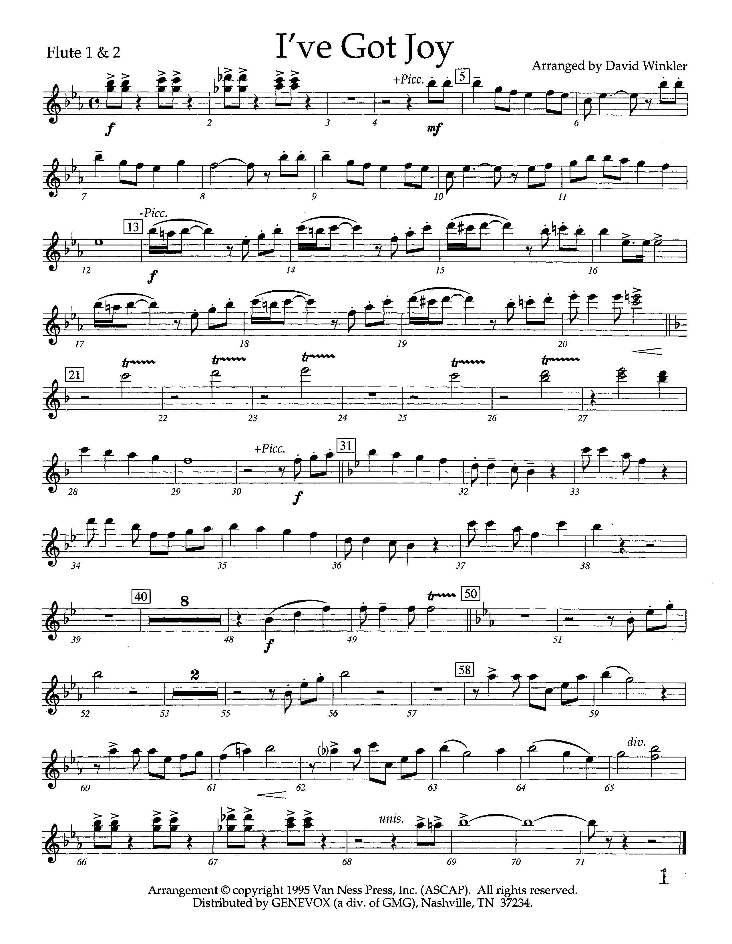 I've Got Joy (Instrumental) Flute 1/2 (Lifeway Worship / Arr. David Winkler)