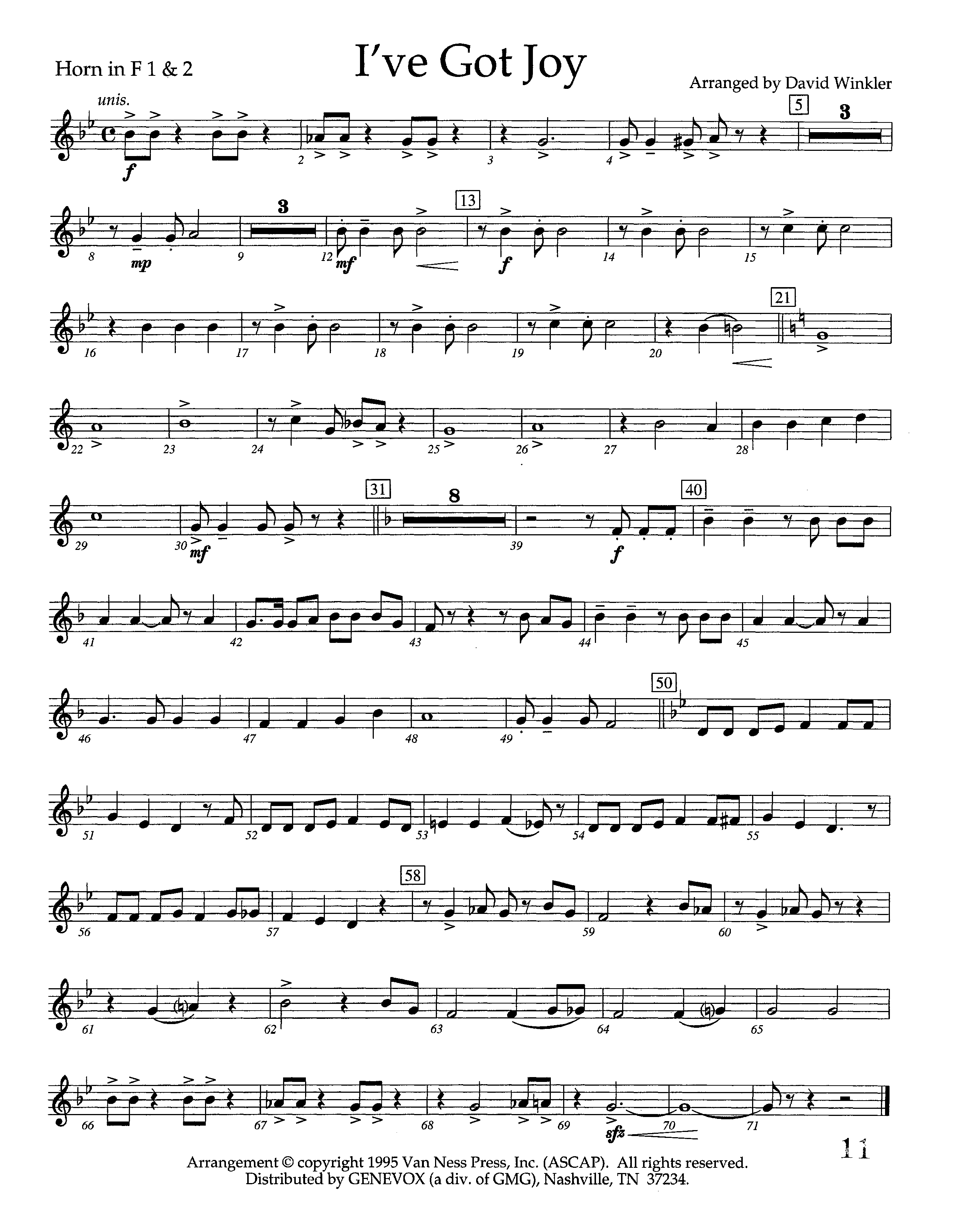 I've Got Joy (Instrumental) French Horn 1/2 (Lifeway Worship / Arr. David Winkler)