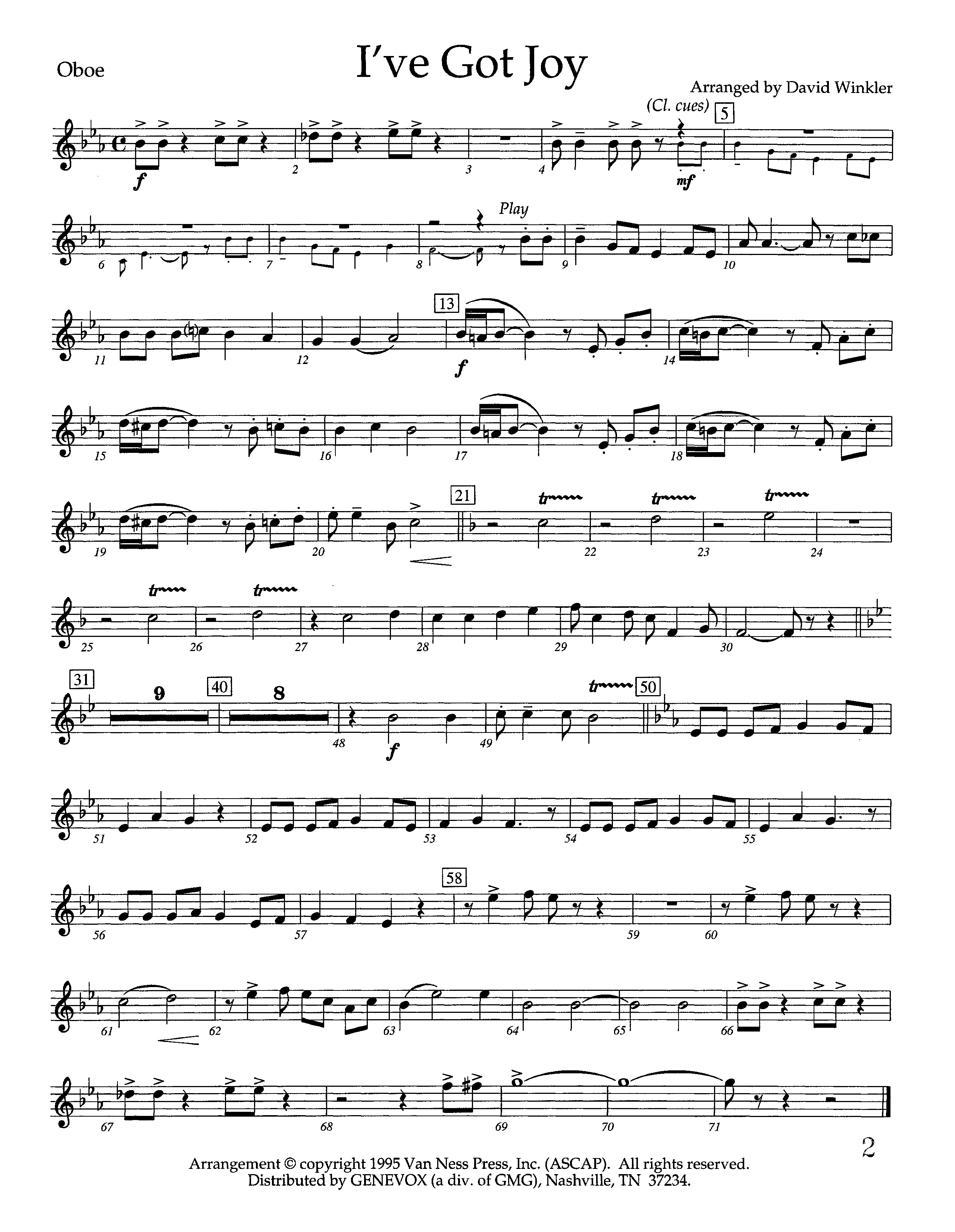 I've Got Joy (Instrumental) Oboe (Lifeway Worship / Arr. David Winkler)