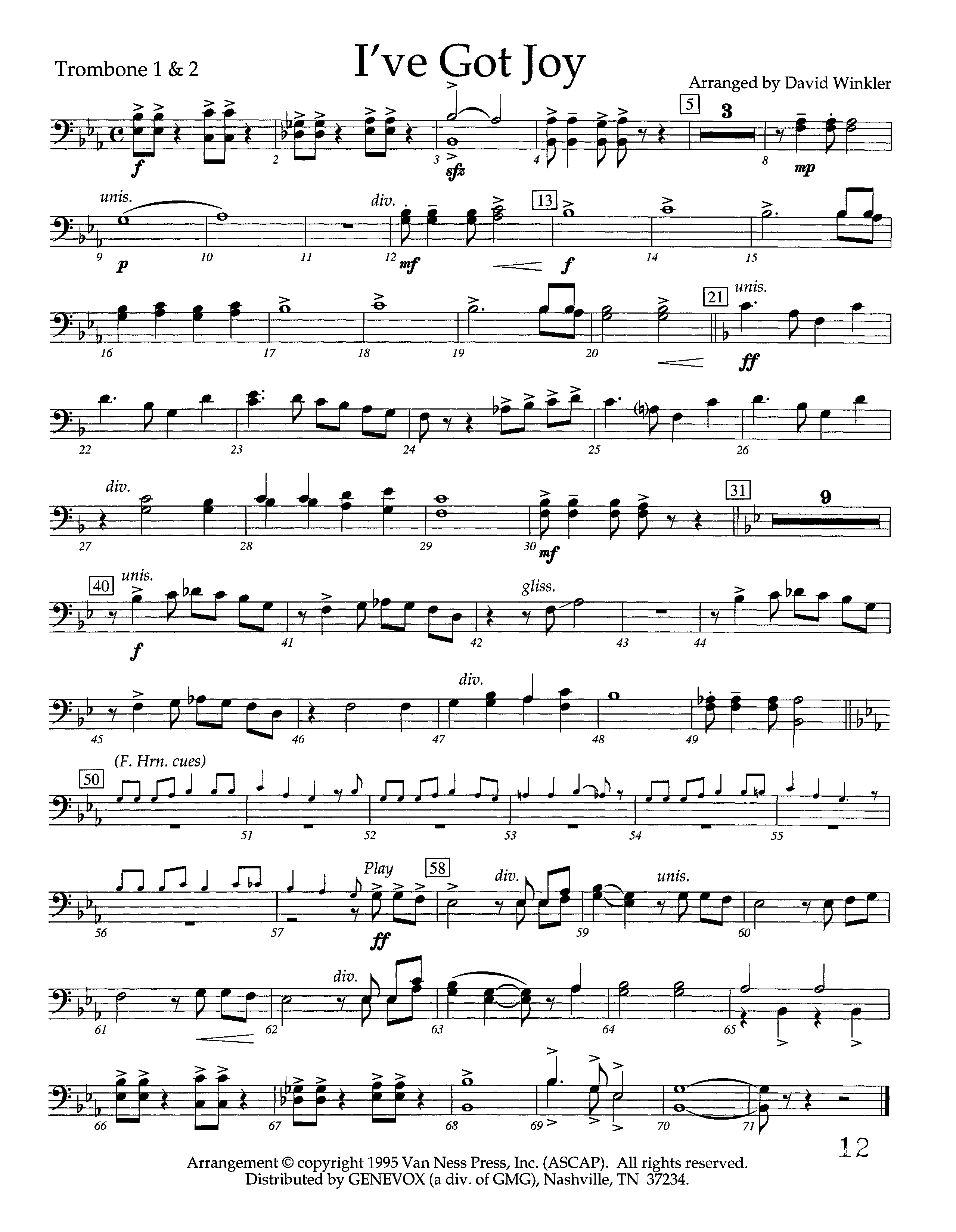 I've Got Joy (Instrumental) Trombone 1/2 (Lifeway Worship / Arr. David Winkler)