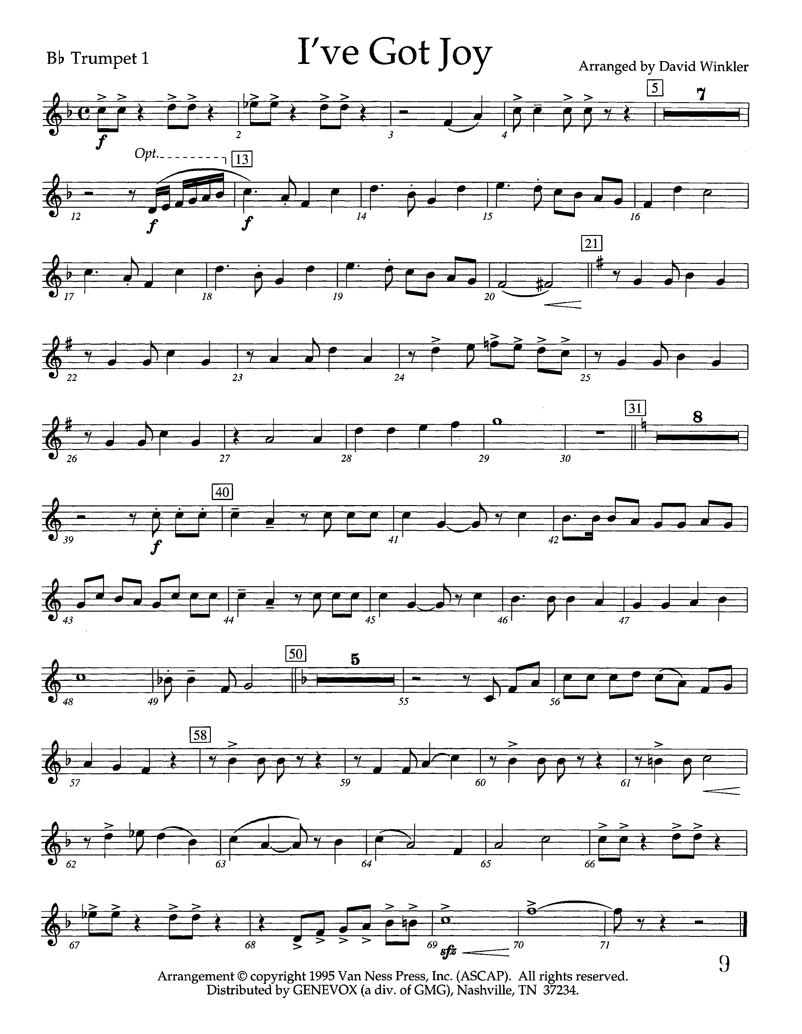 I've Got Joy (Instrumental) Trumpet 1 (Lifeway Worship / Arr. David Winkler)