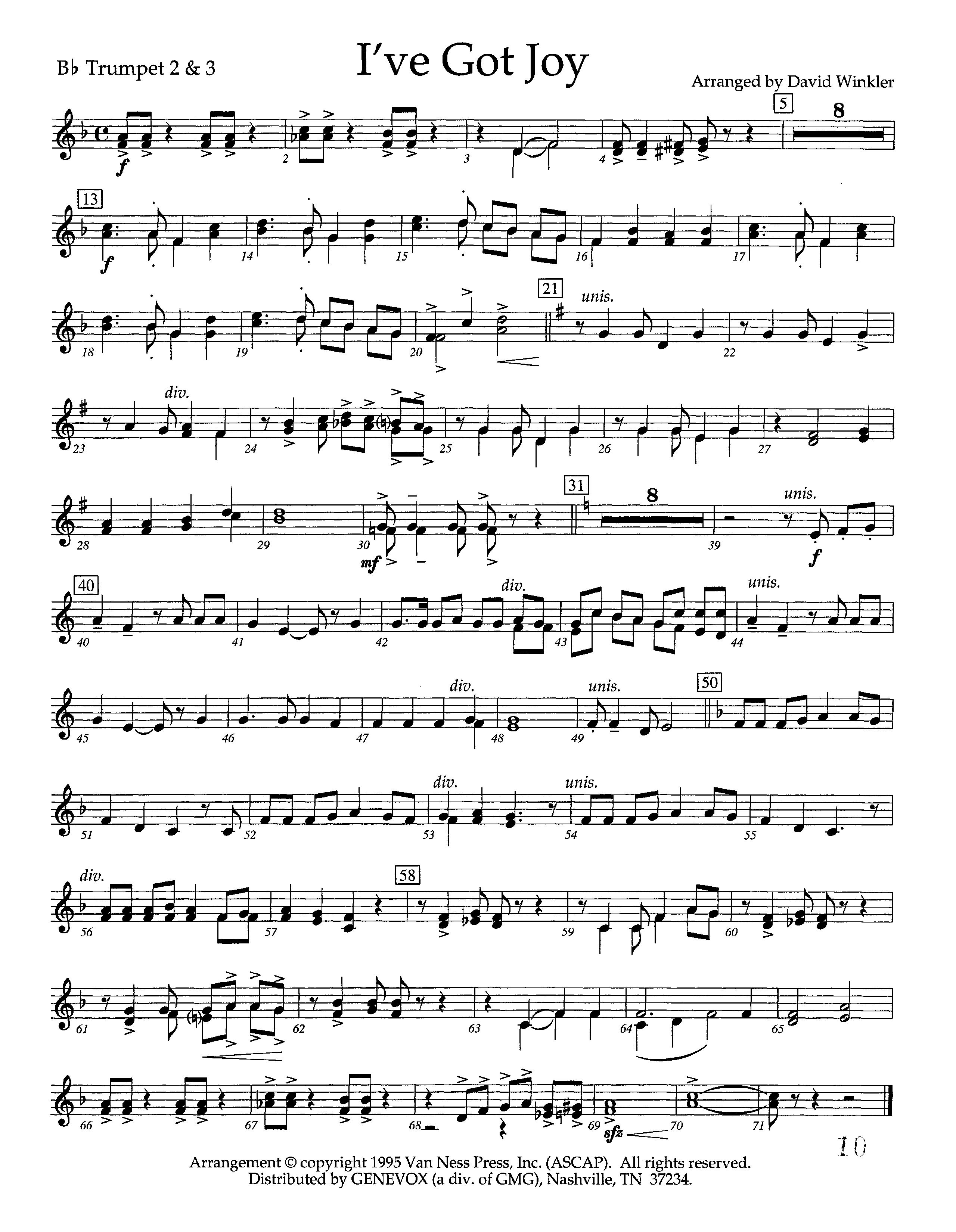 I've Got Joy (Instrumental) Trumpet 2/3 (Lifeway Worship / Arr. David Winkler)