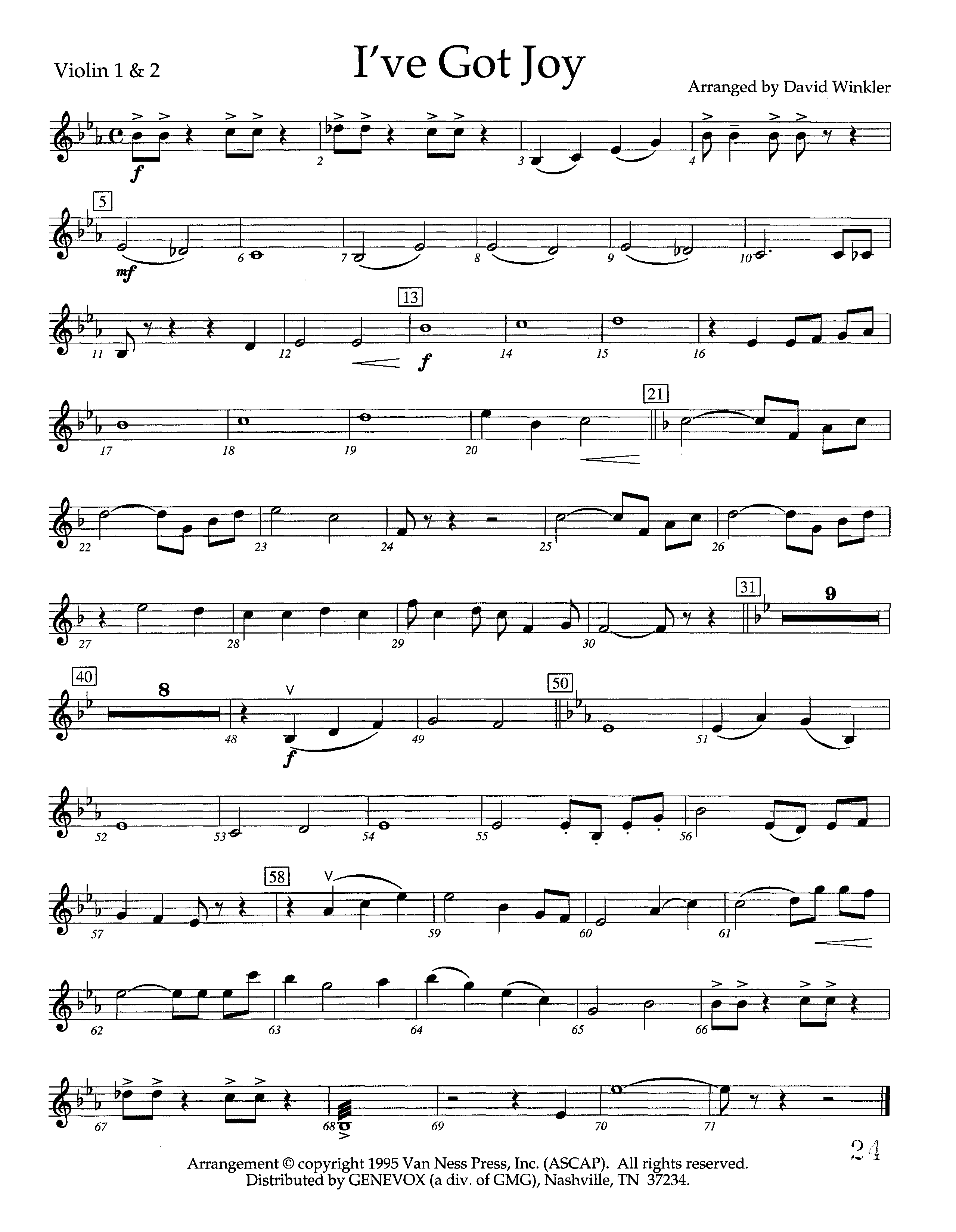 I've Got Joy (Instrumental) Violin 1/2 (Lifeway Worship / Arr. David Winkler)