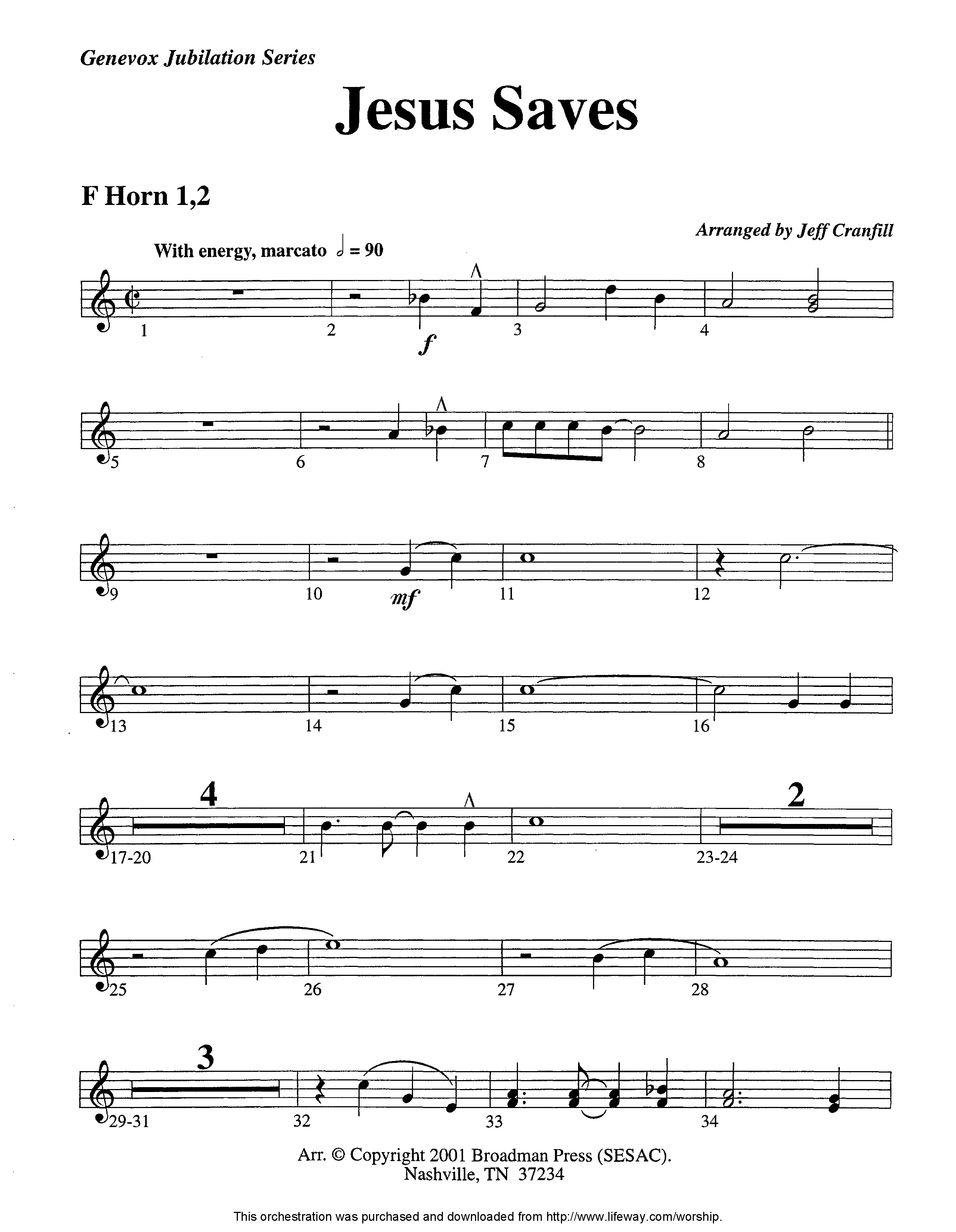 Jesus Saves (Instrumental) French Horn 1/2 (Lifeway Worship / Arr. Jeff Cranfill)