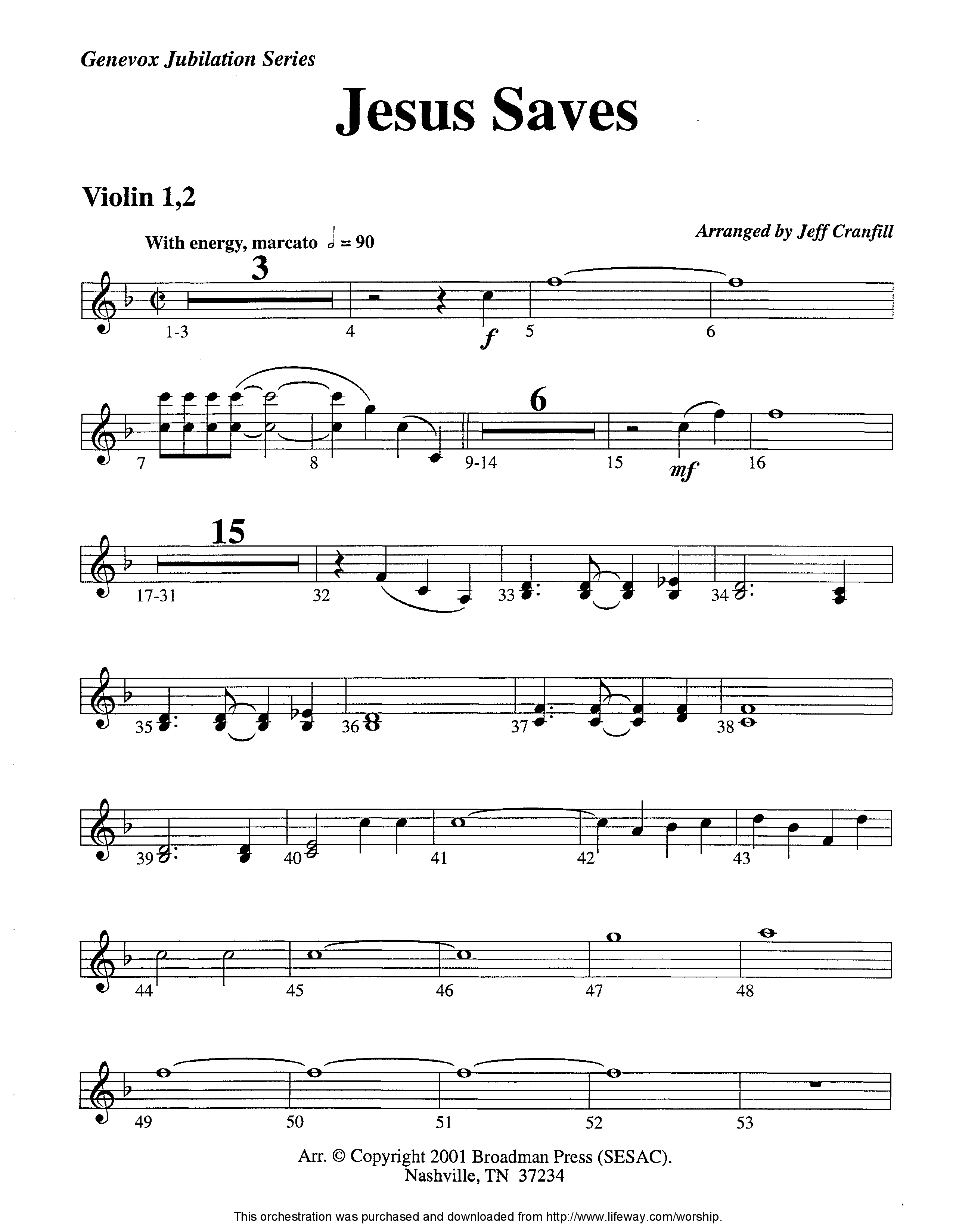 Jesus Saves (Instrumental) Violin 1/2 (Lifeway Worship / Arr. Jeff Cranfill)