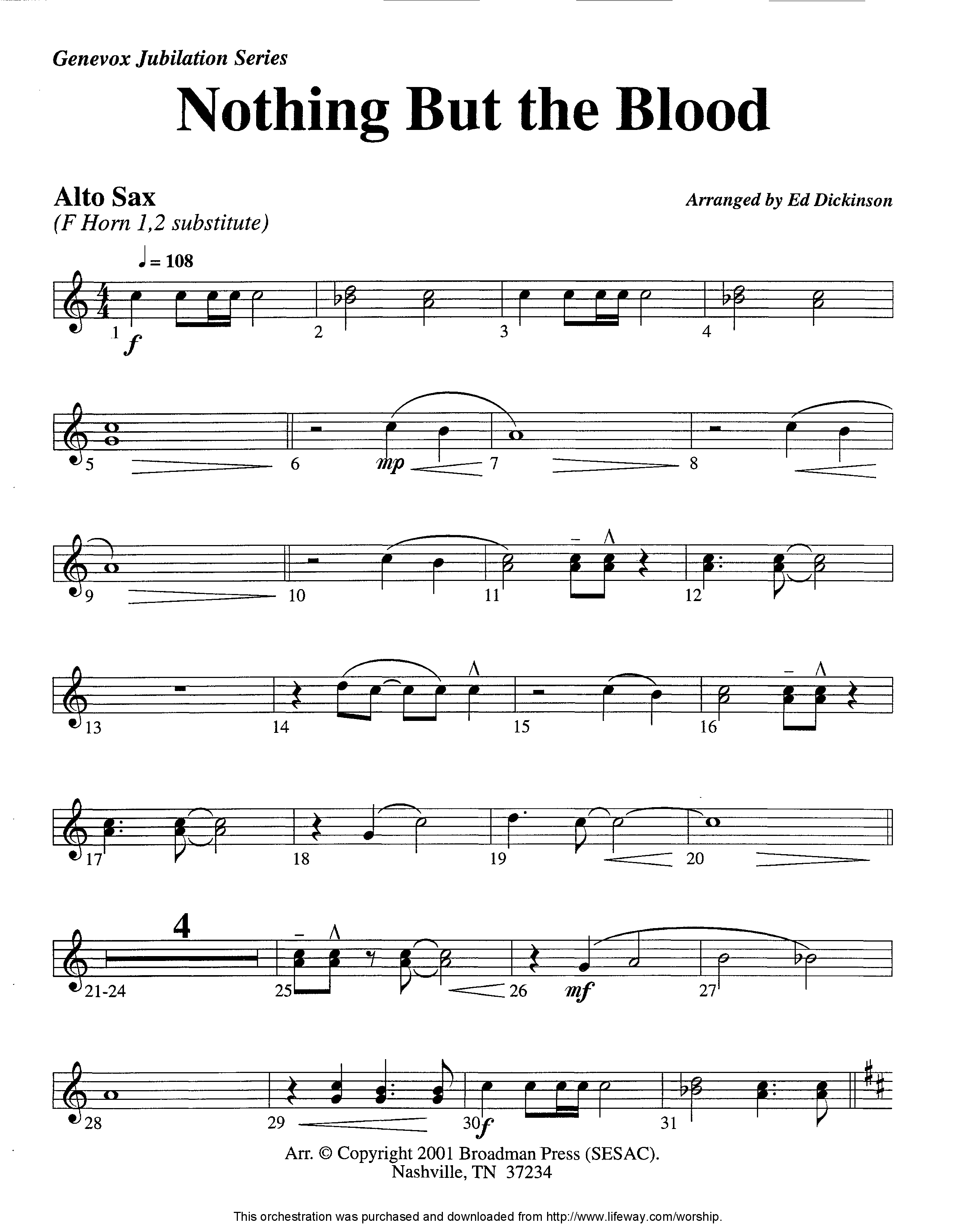 Nothing But The Blood (Instrumental) Alto Sax (Lifeway Worship / Arr. Ed Dickinson)