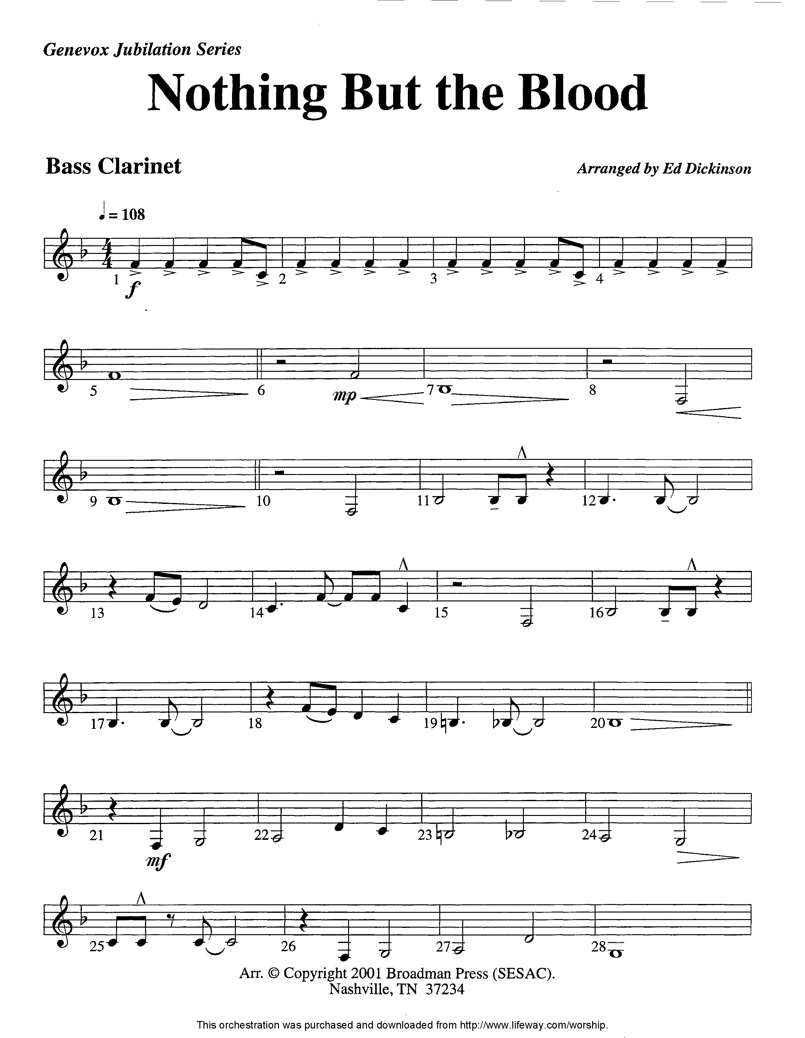 Nothing But The Blood (Instrumental) Bass Clarinet (Lifeway Worship / Arr. Ed Dickinson)