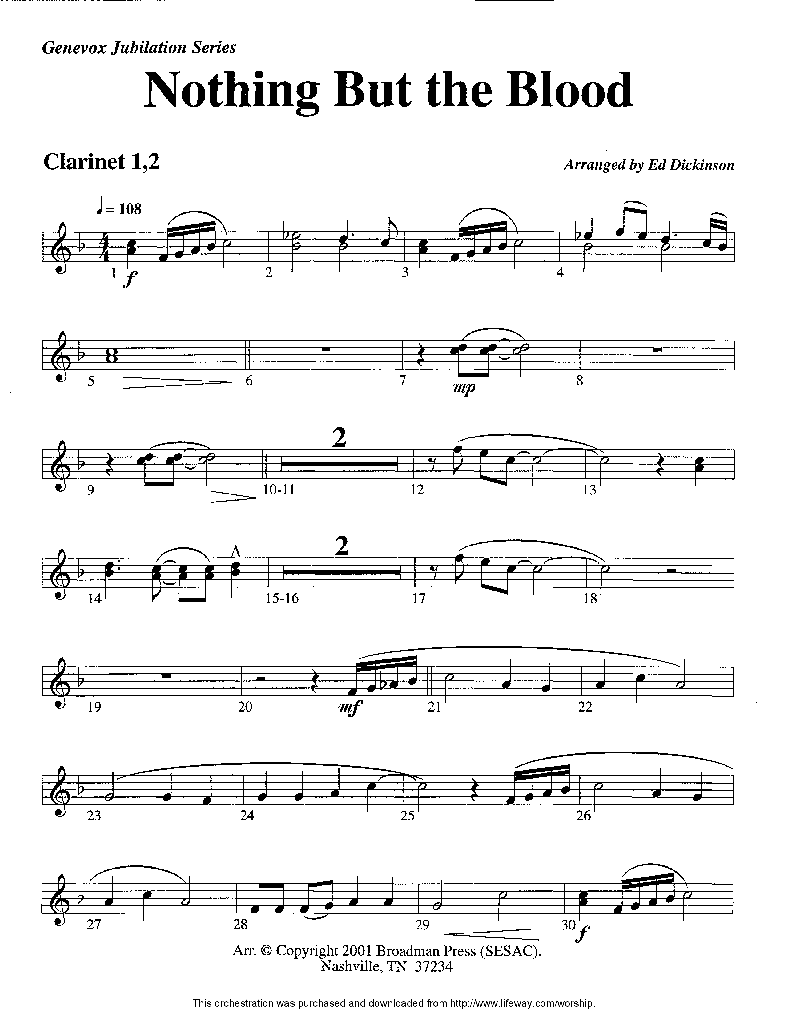 Nothing But The Blood (Instrumental) Clarinet 1/2 (Lifeway Worship / Arr. Ed Dickinson)