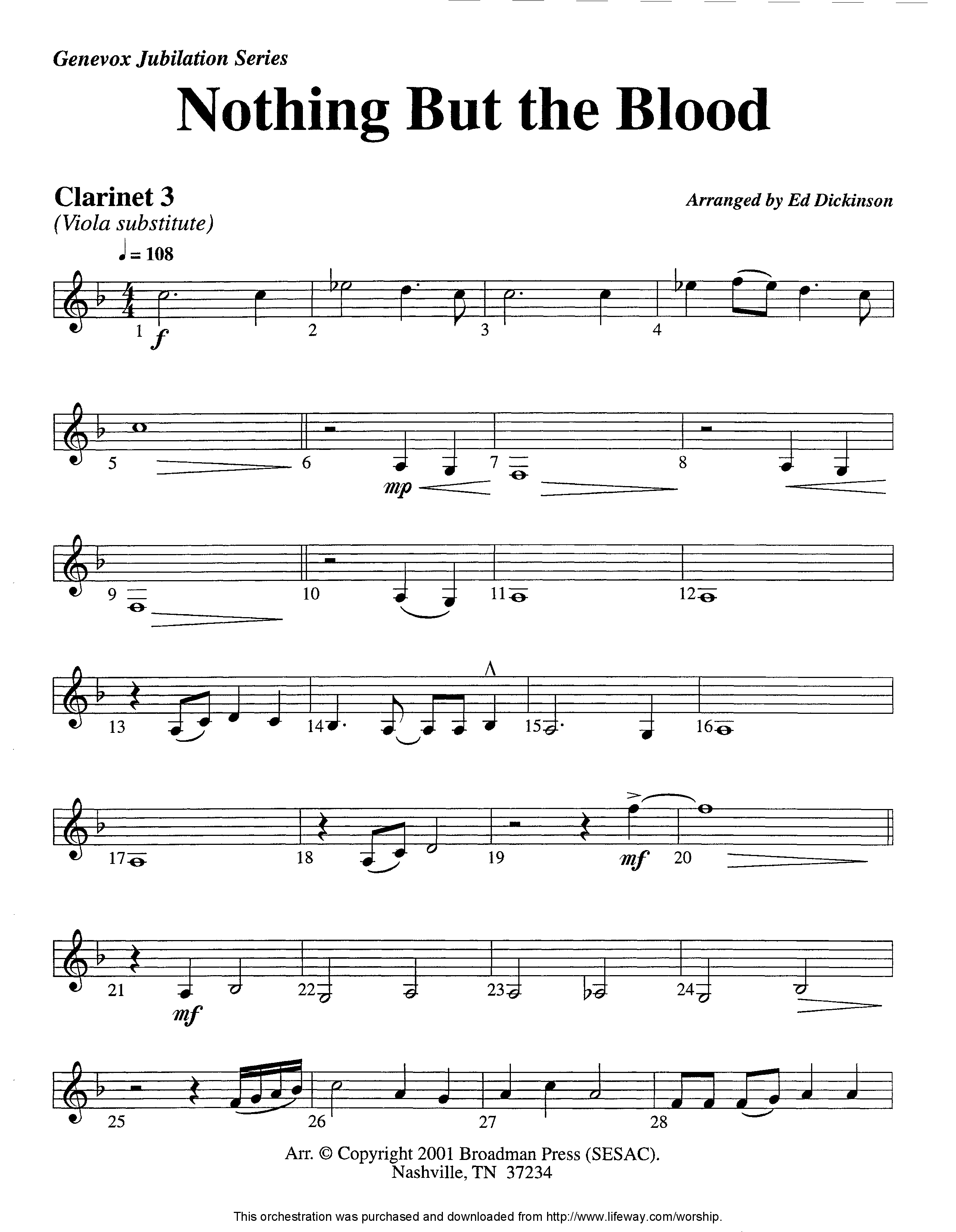 Nothing But The Blood (Instrumental) Clarinet 3 (Lifeway Worship / Arr. Ed Dickinson)