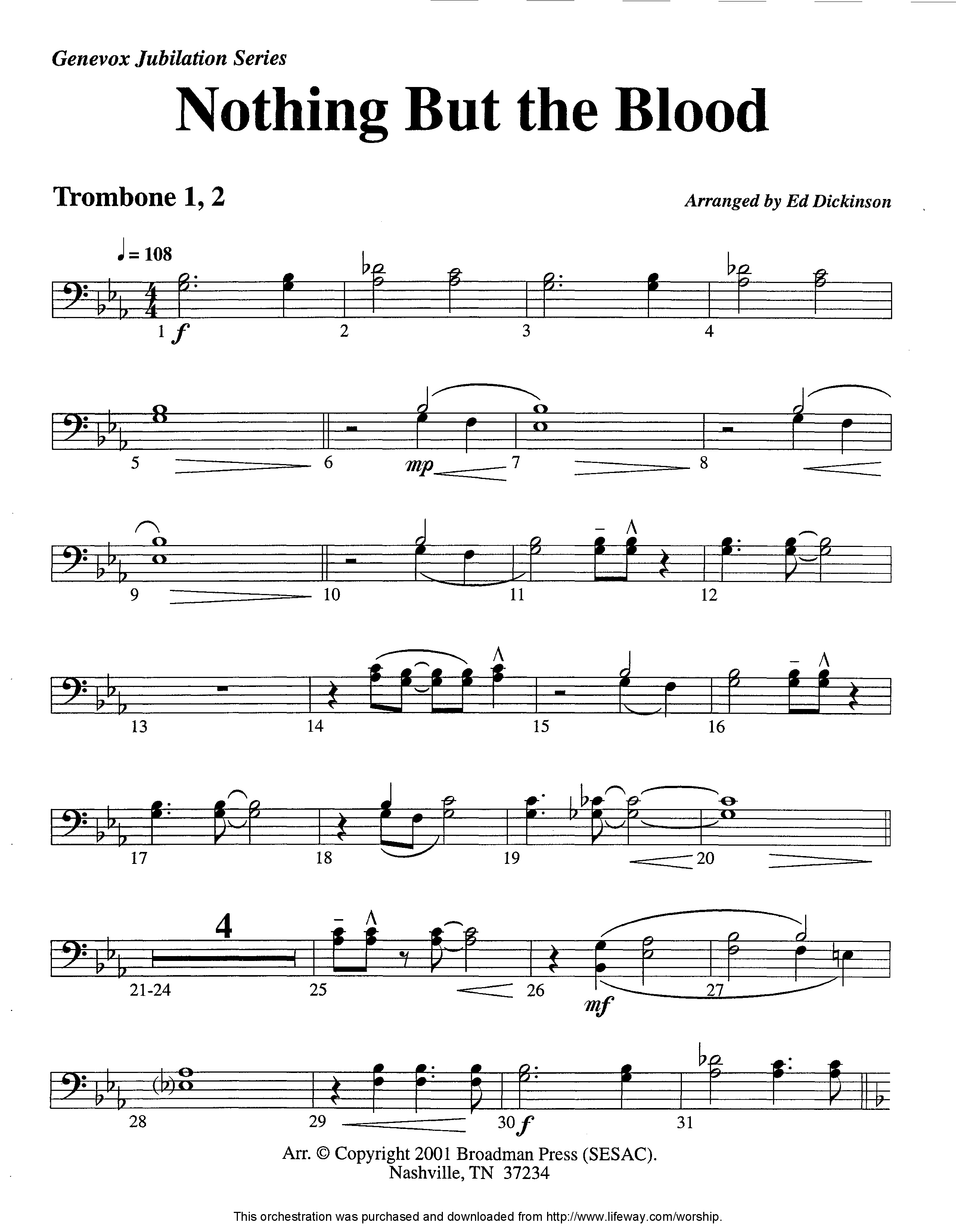 Nothing But The Blood (Instrumental) Trombone 1/2 (Lifeway Worship / Arr. Ed Dickinson)