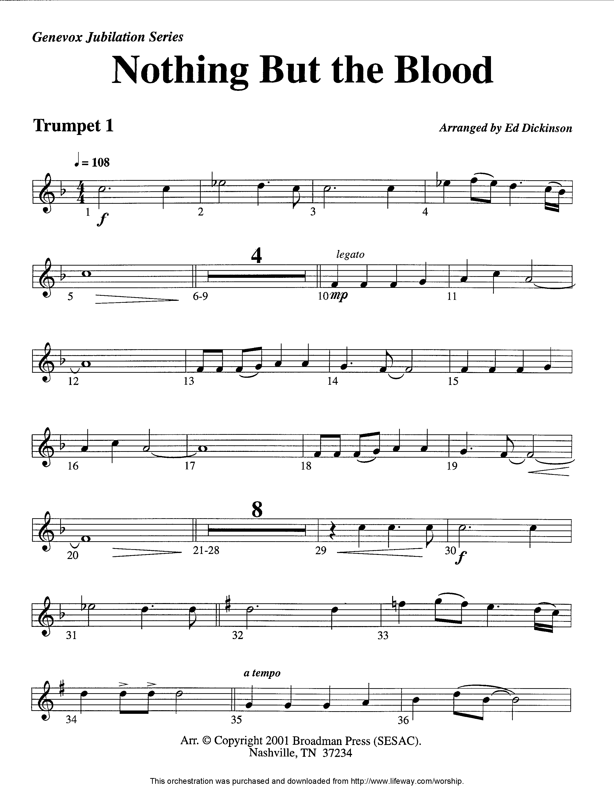 Nothing But The Blood (Instrumental) Trumpet 1 (Lifeway Worship / Arr. Ed Dickinson)