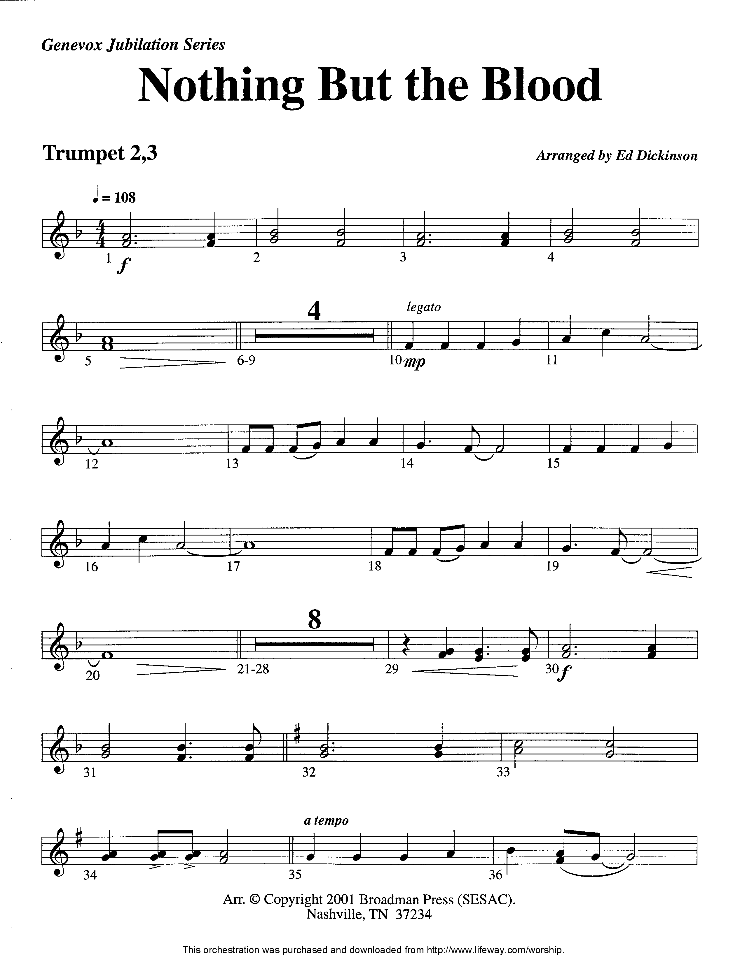 Nothing But The Blood (Instrumental) Trumpet 2/3 (Lifeway Worship / Arr. Ed Dickinson)
